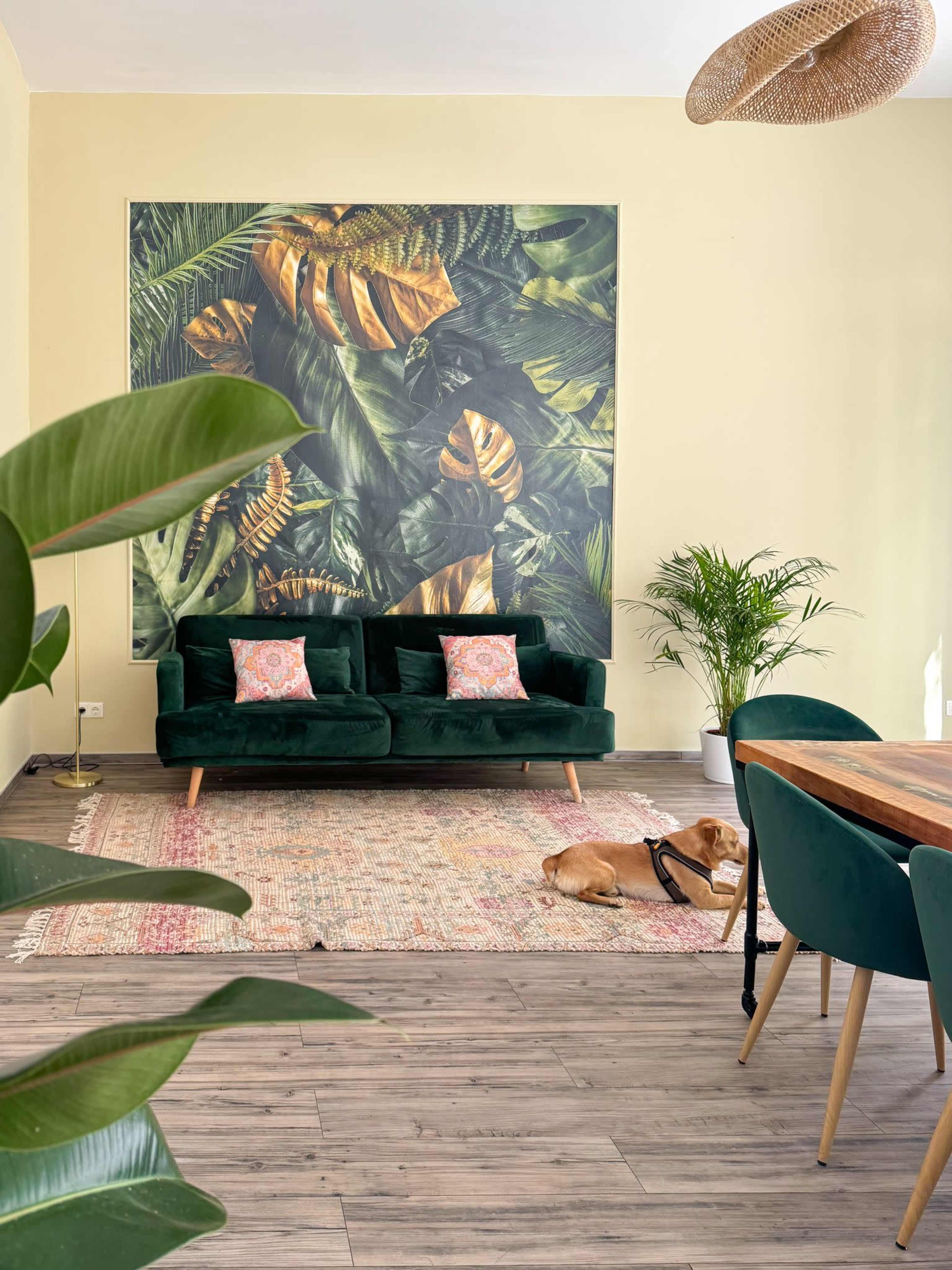 The image shows a living room with a green couch, decorative pillows, a large tropical-themed wall art, a plant in the corner, and a dog lying on a patterned rug.
