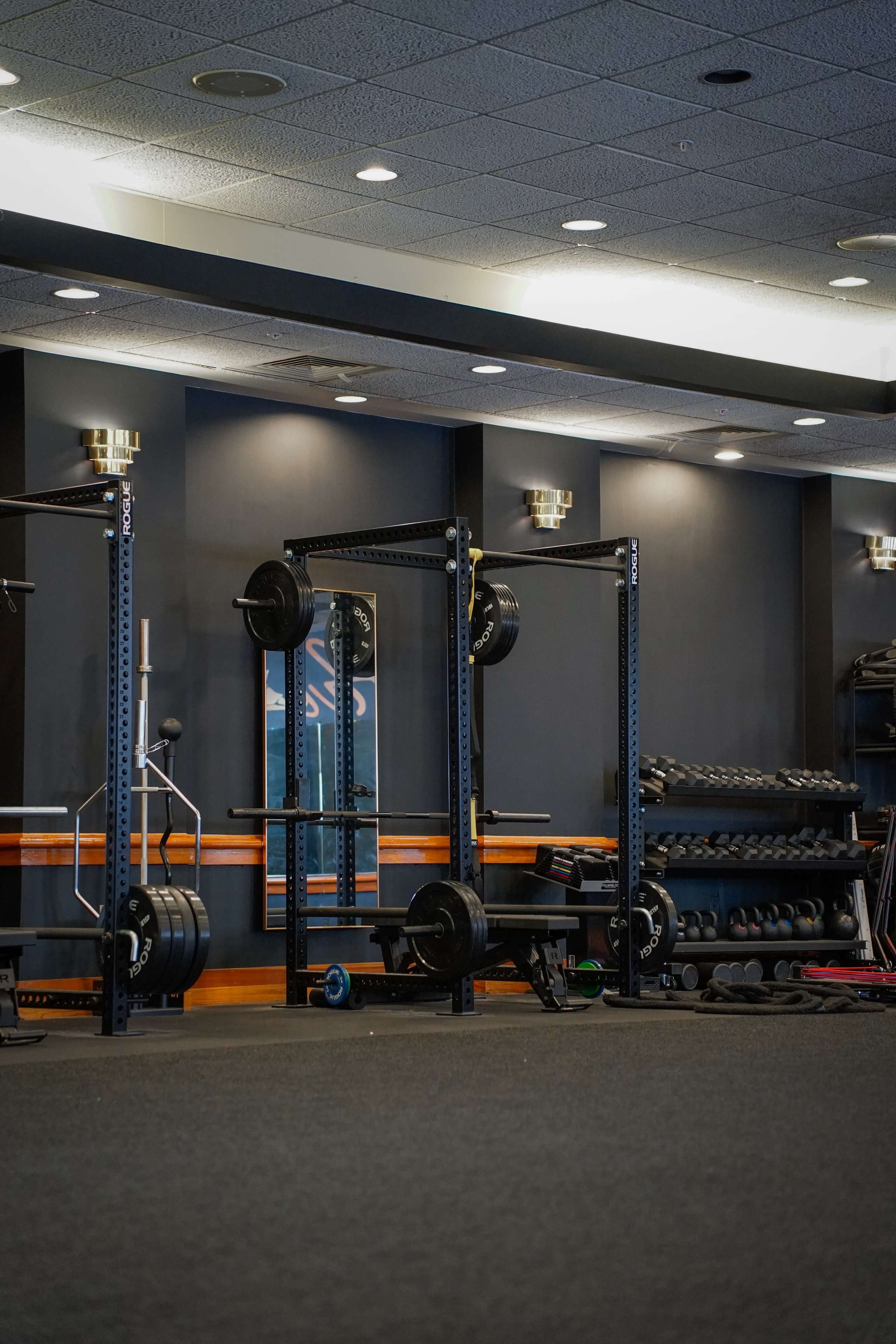 A gym interior with weightlifting equipment, including squat racks and dumbbells on shelves.