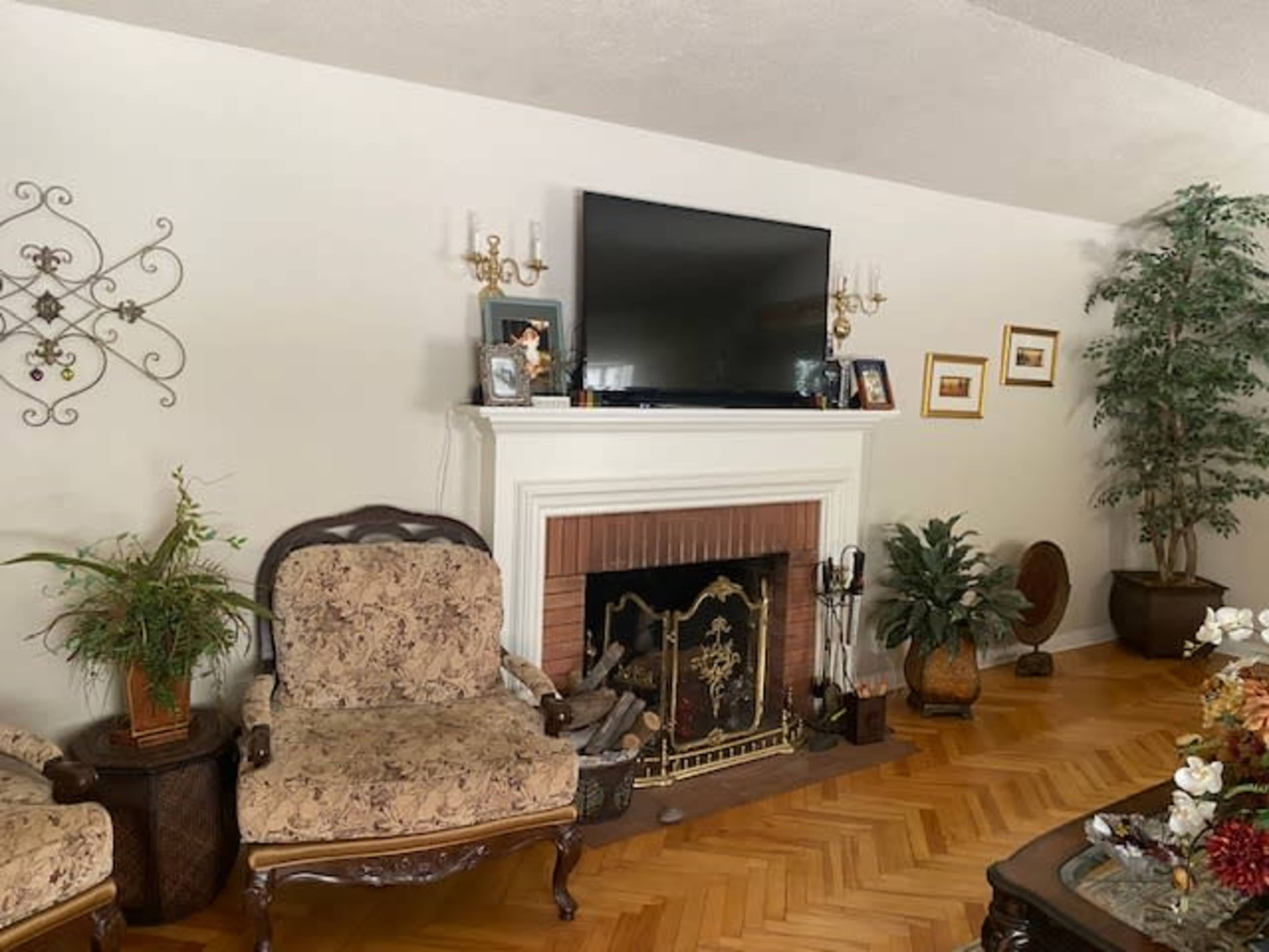 A living room with a fireplace flanked by two chairs and a television mounted above the mantel, along with various decorations and plants.
