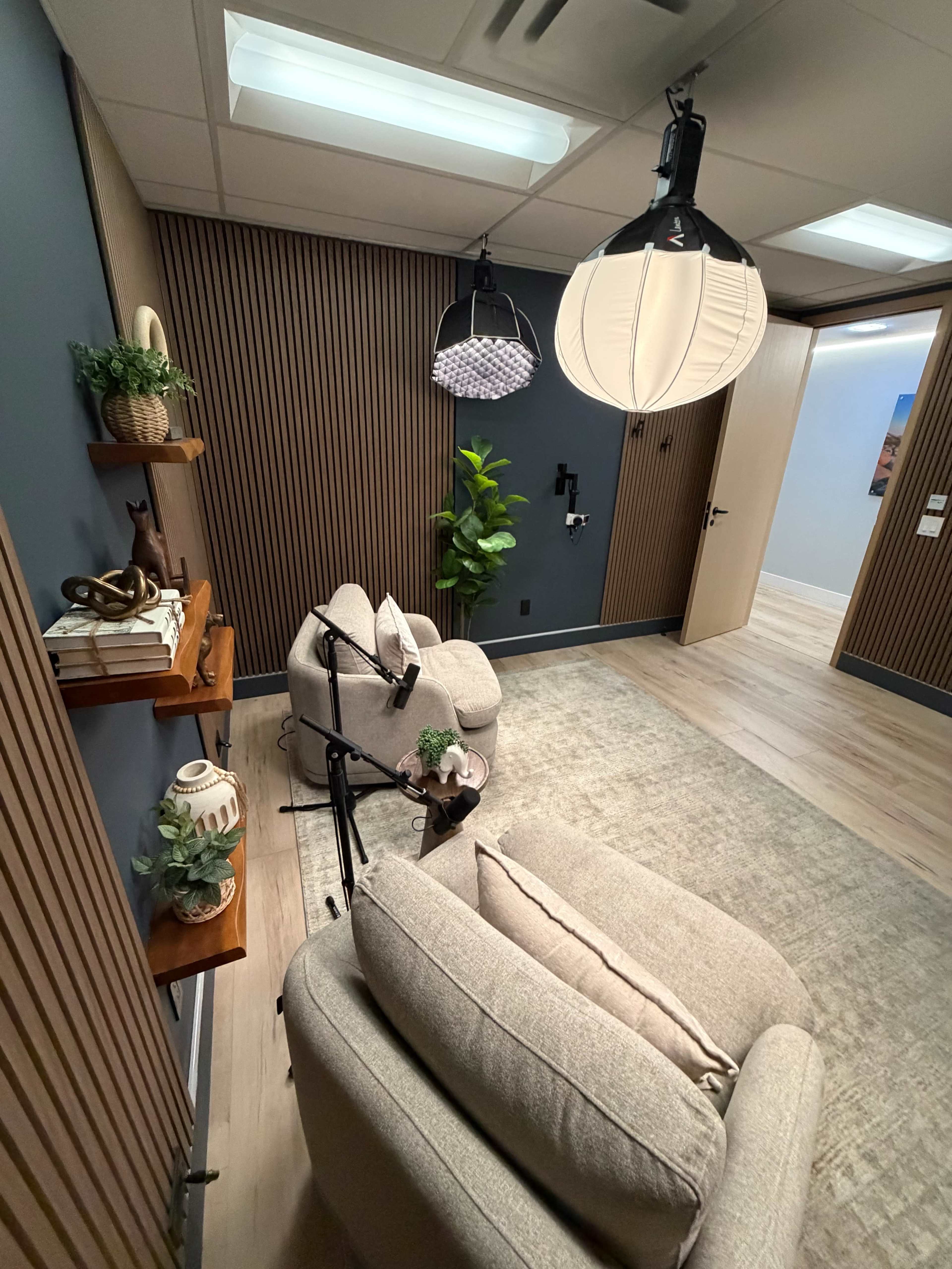 The image shows a modern, minimalist room featuring two light-colored chairs, decorative shelving with plants and ornaments, and unique hanging light fixtures.