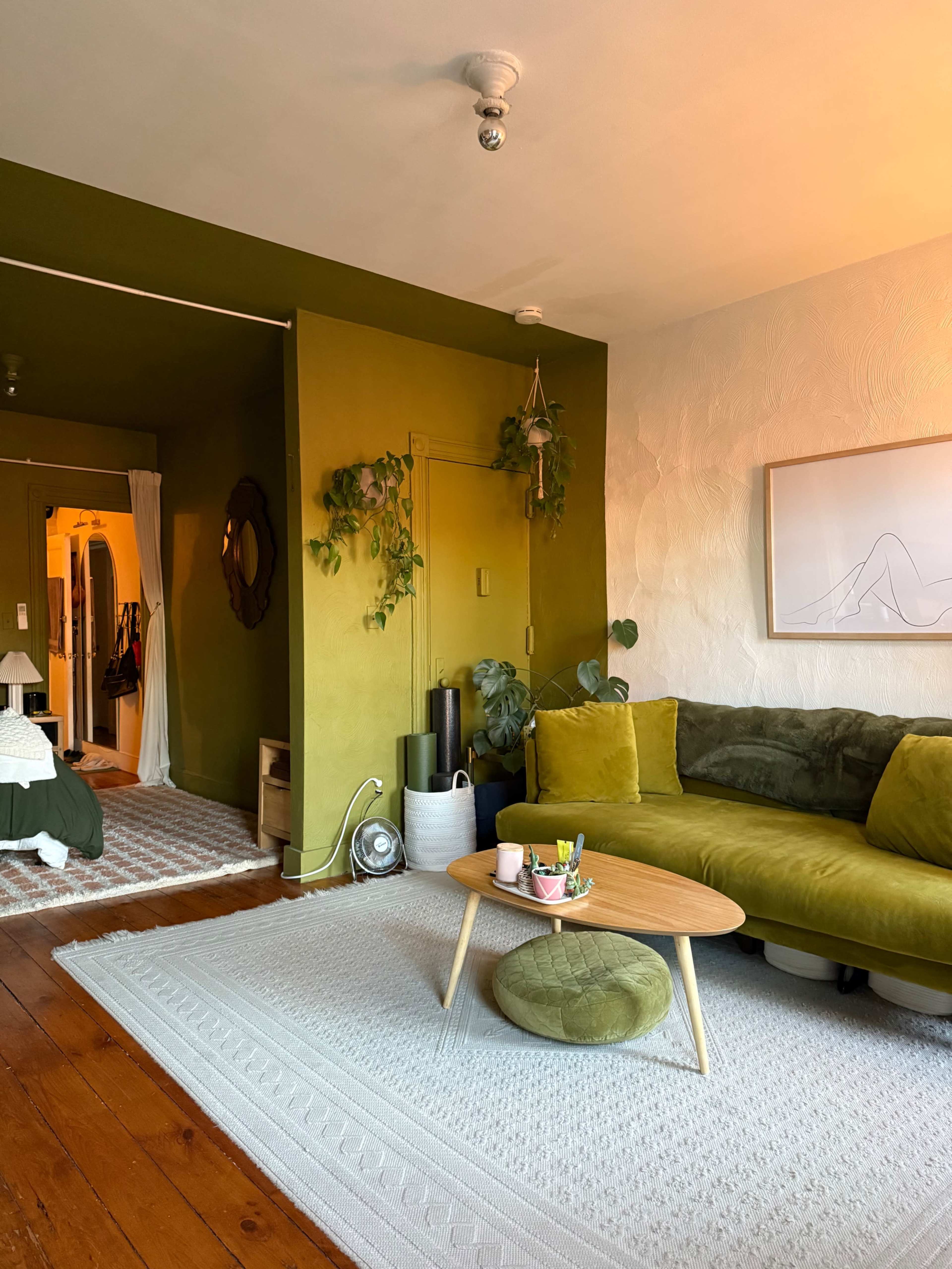 The image shows a cozy living room with a green accent wall, a sectional sofa, a round coffee table, and various plants.