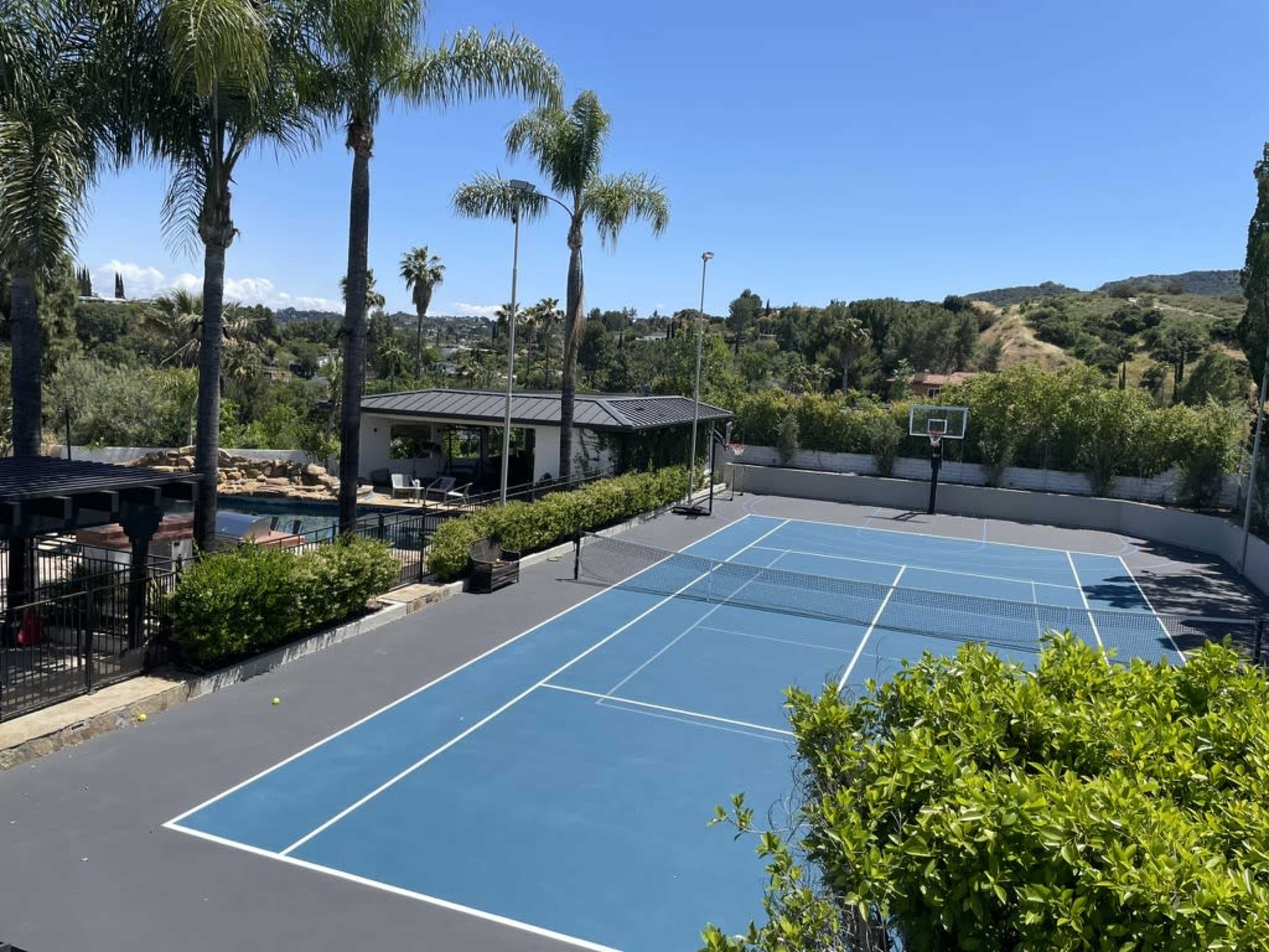 The image shows a tennis court surrounded by palm trees and lush greenery, with a nearby pool and a basketball hoop visible in the background.