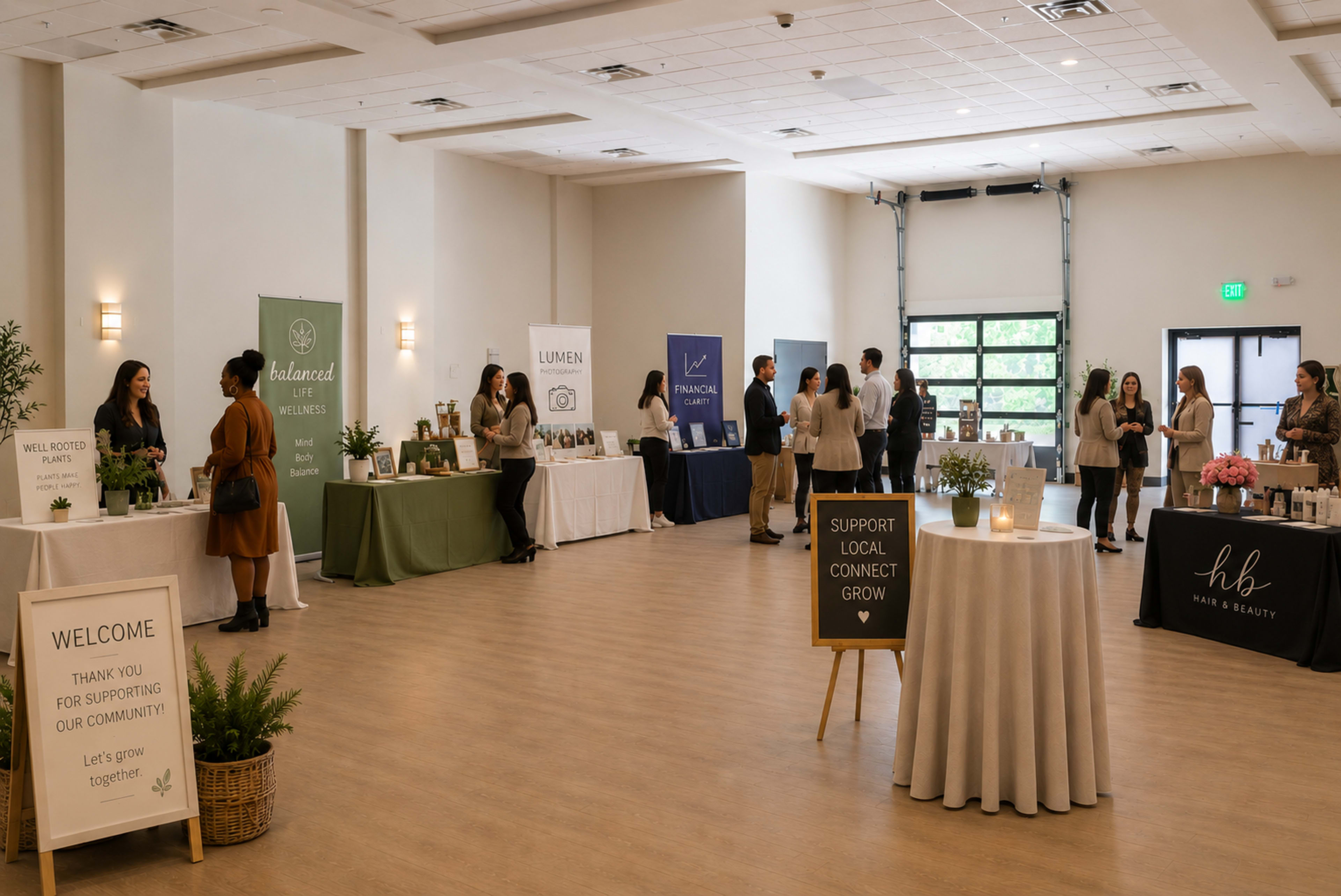 A spacious event room features several tables showcasing local businesses and services, with attendees engaging and networking.