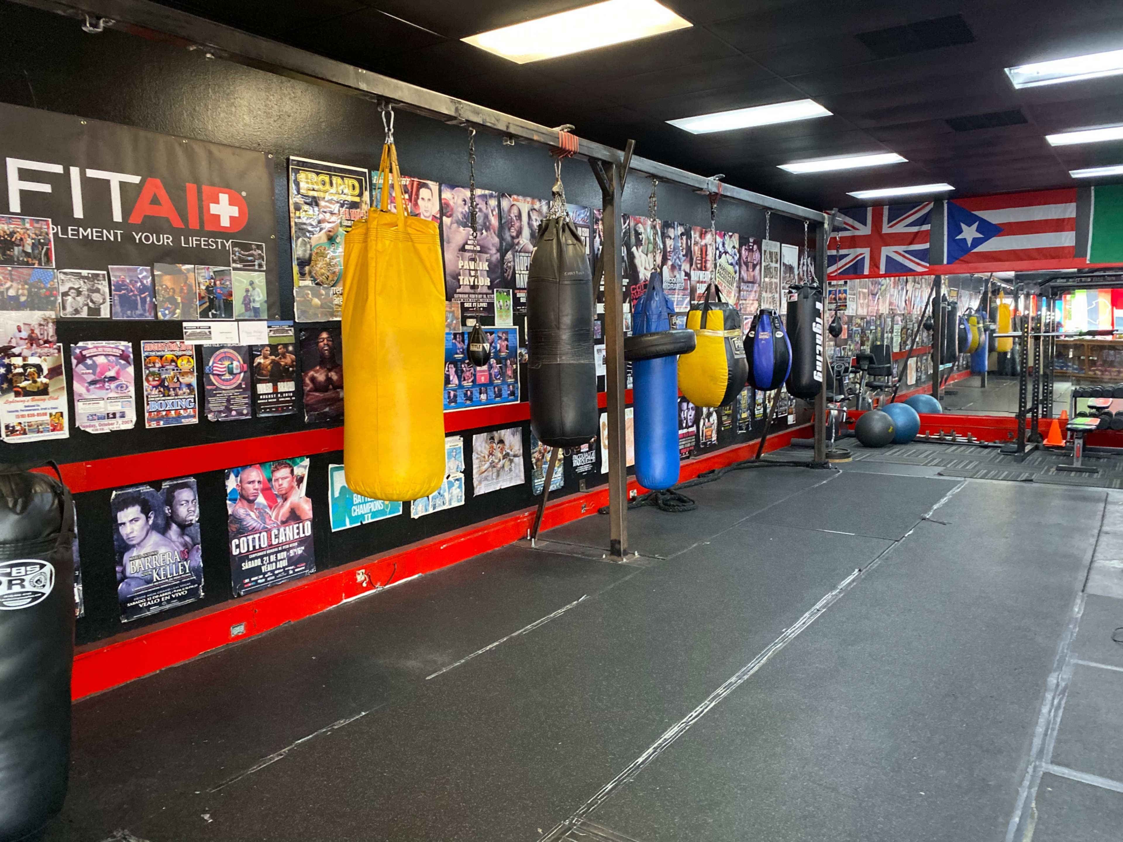 A boxing gym featuring multiple punching bags suspended from the wall, with various posters and flags displayed around the room.