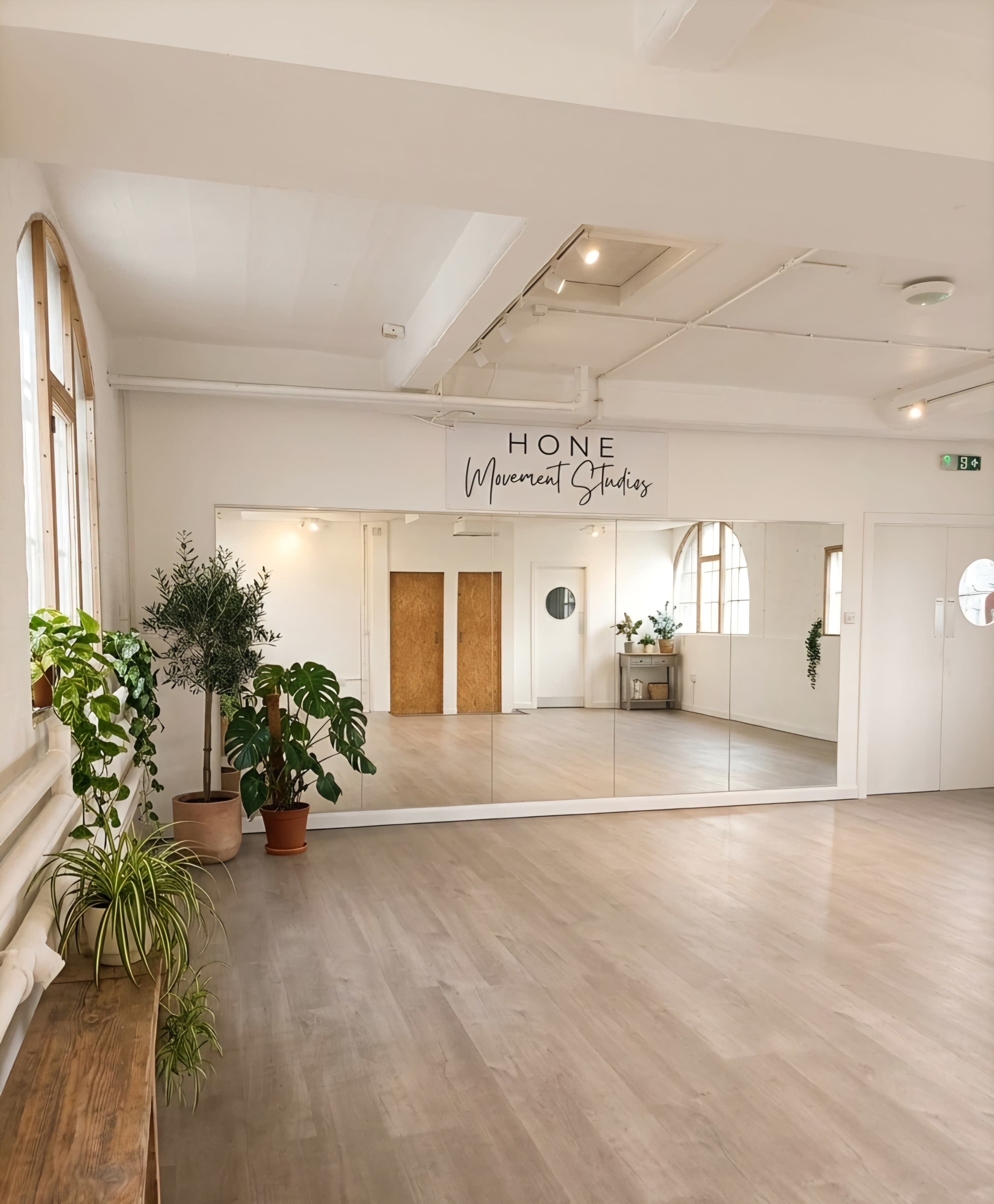 The image shows a spacious studio with wooden flooring, large mirrors on one wall, plants, and bright natural light coming through windows.
