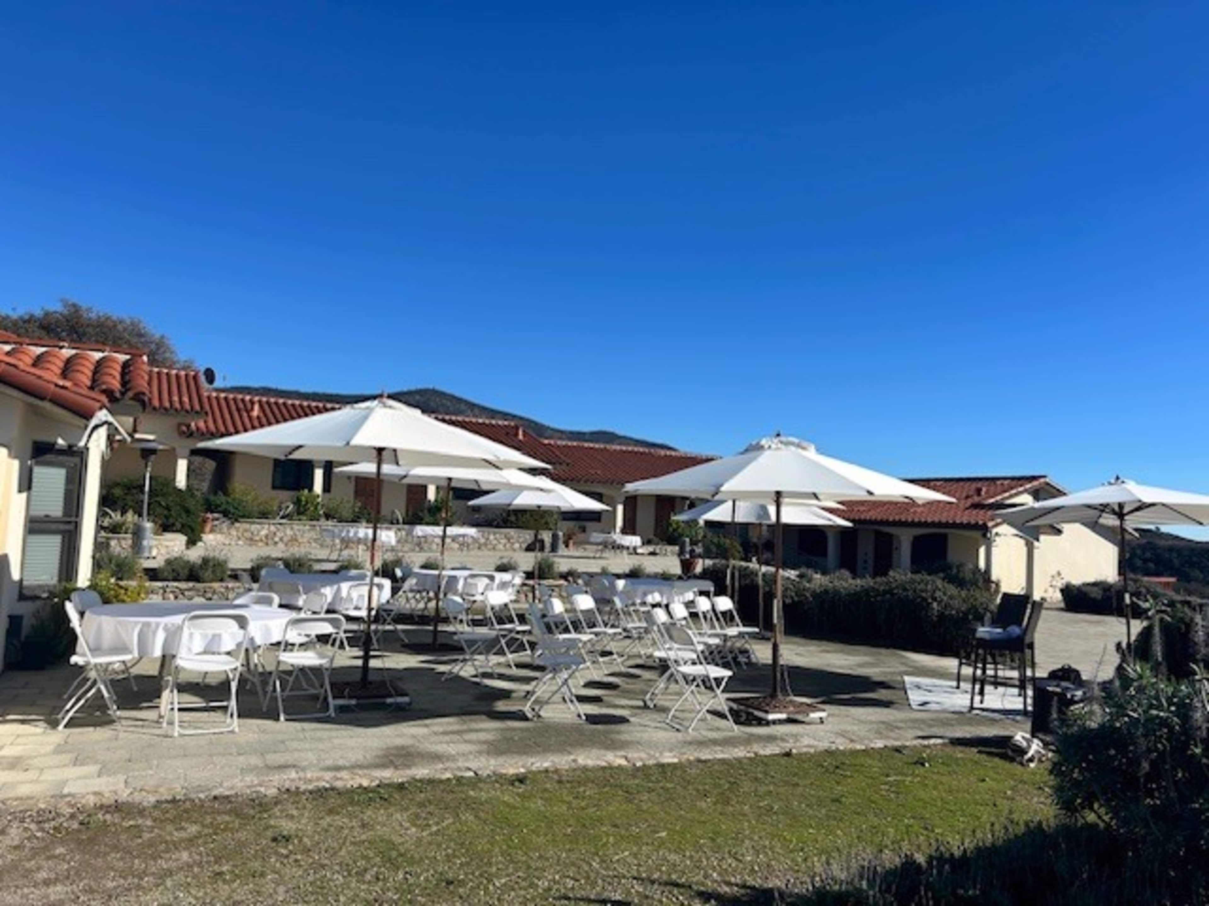 An outdoor venue features white tables and chairs under large umbrellas, set against a backdrop of buildings and a clear blue sky.