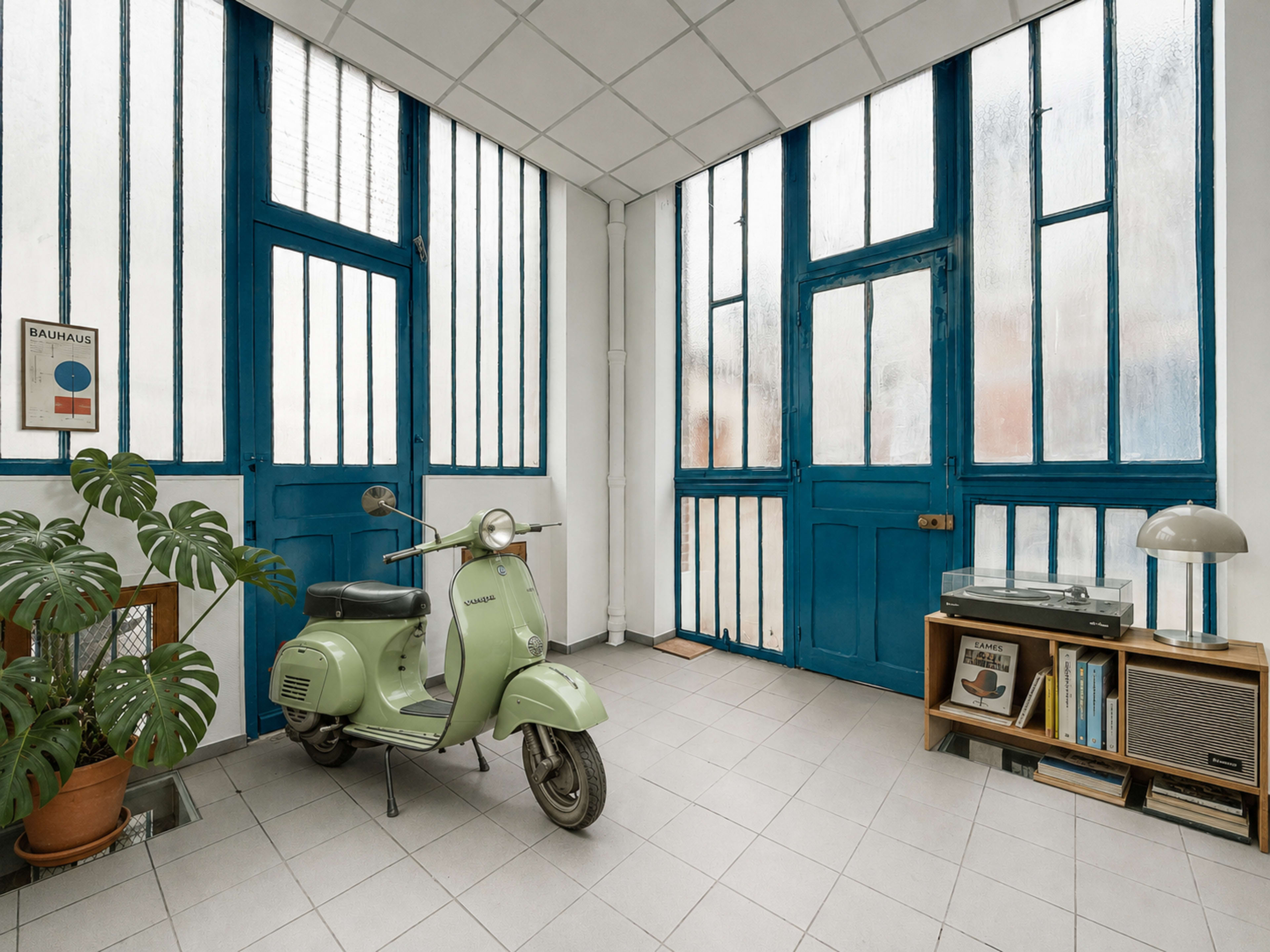 The image shows a sunlit room with large windows, featuring a green scooter parked beside a bookshelf and a potted plant.