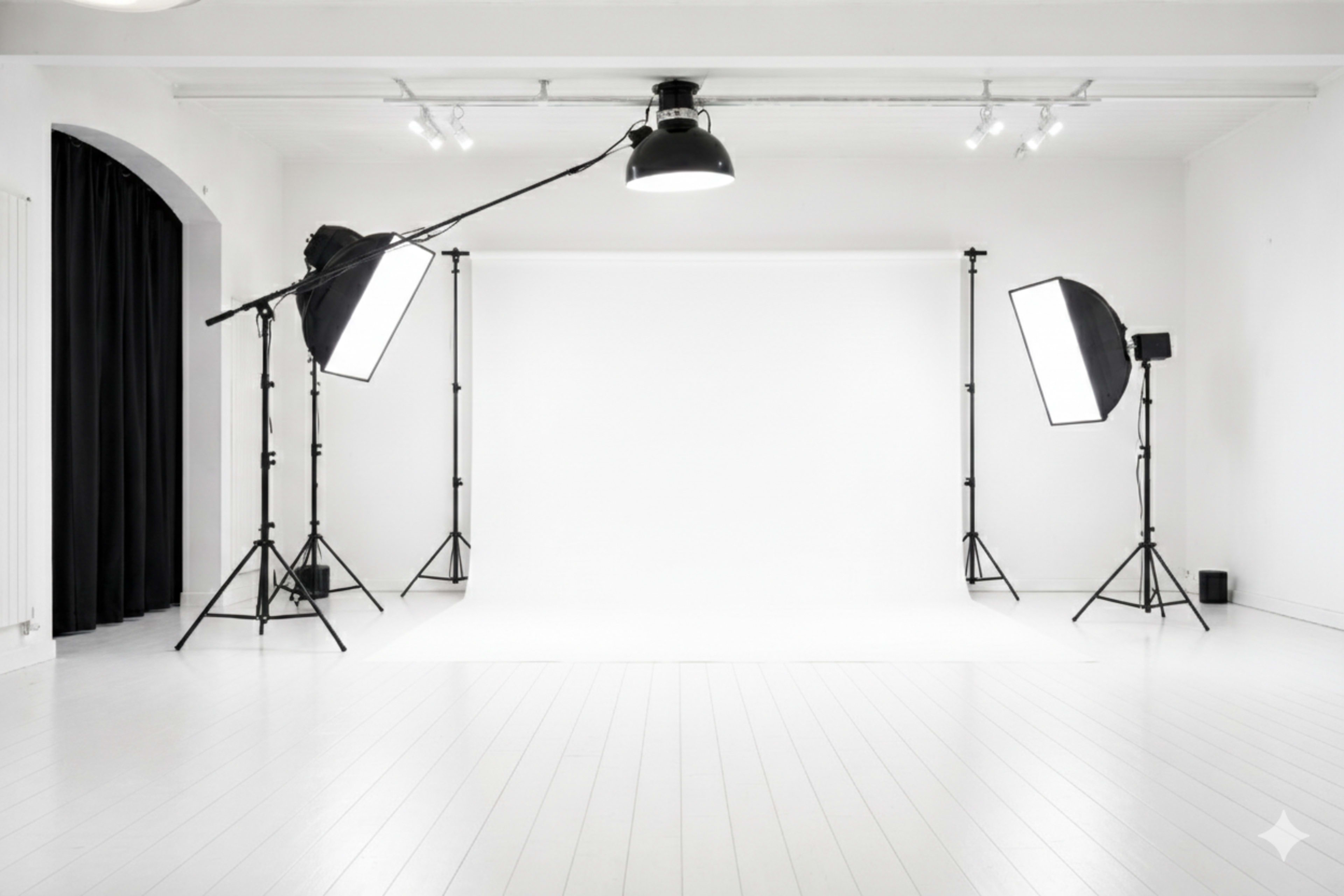 The image shows a photography studio with a white backdrop, two softbox lights on tripods, and a ceiling-mounted spotlight.