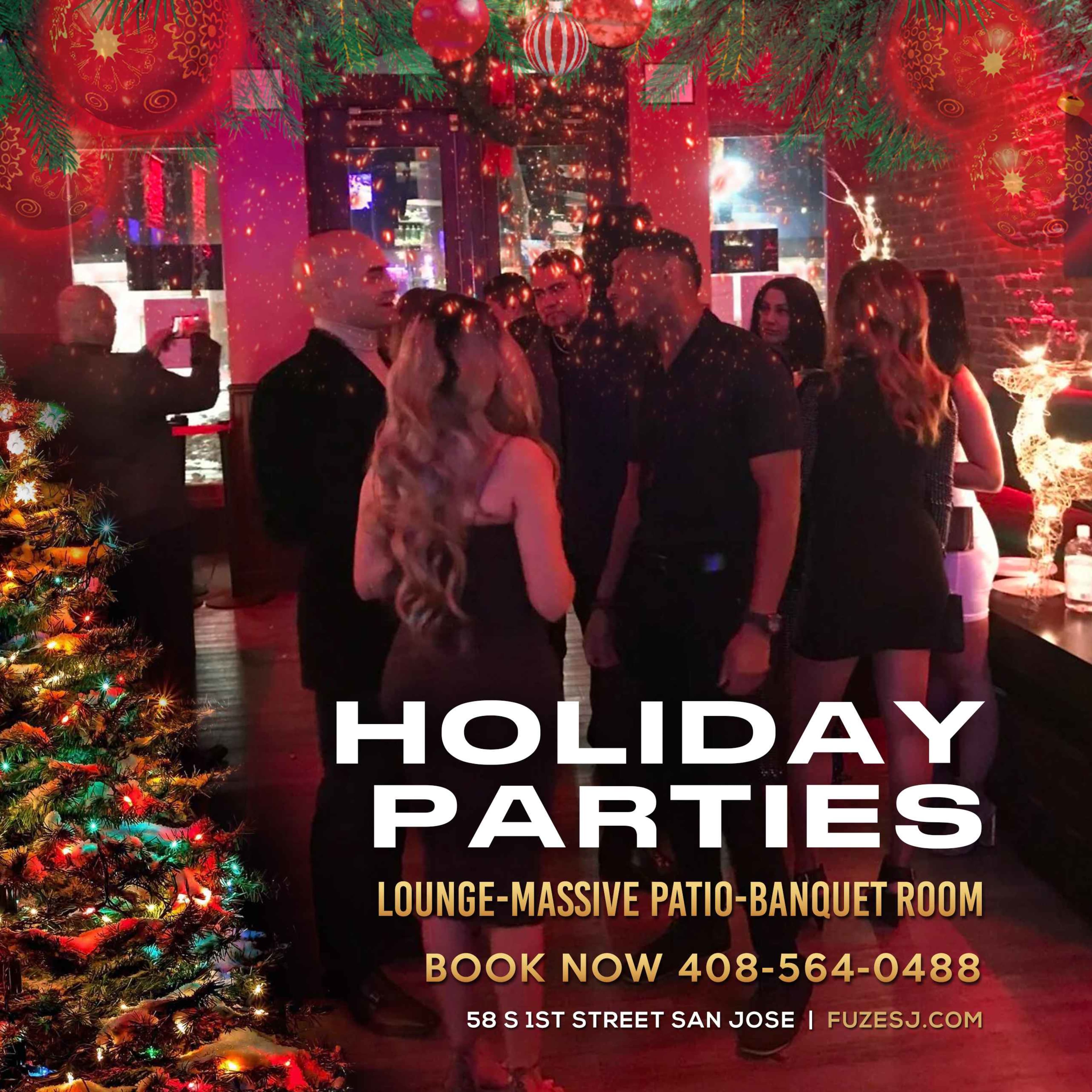 A festive lounge scene features people mingling amidst holiday decorations, inviting guests to book parties at the venue.