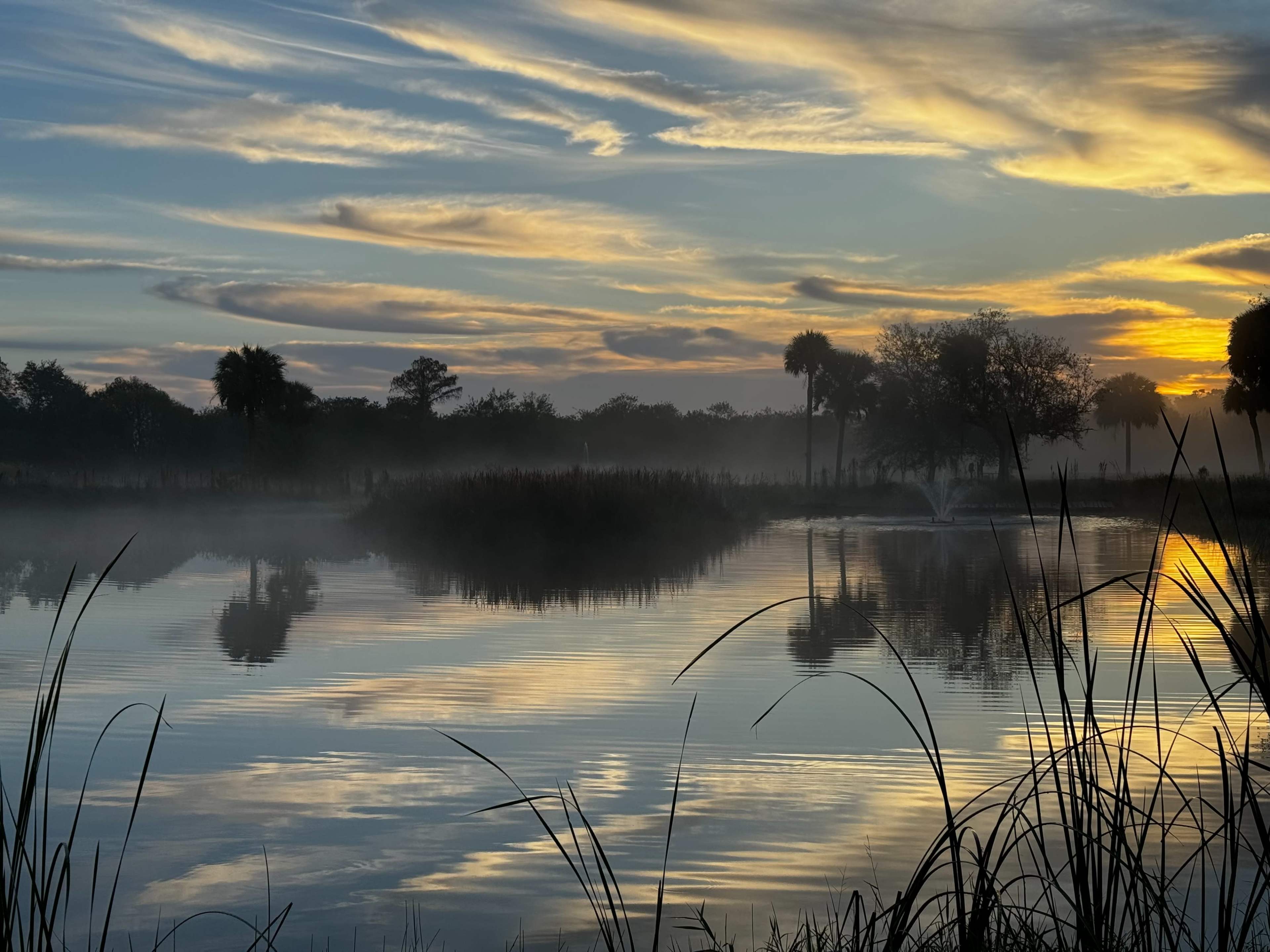 A calm lake reflects the colorful sky and surrounding trees at sunrise, with mist rising from the water's surface.