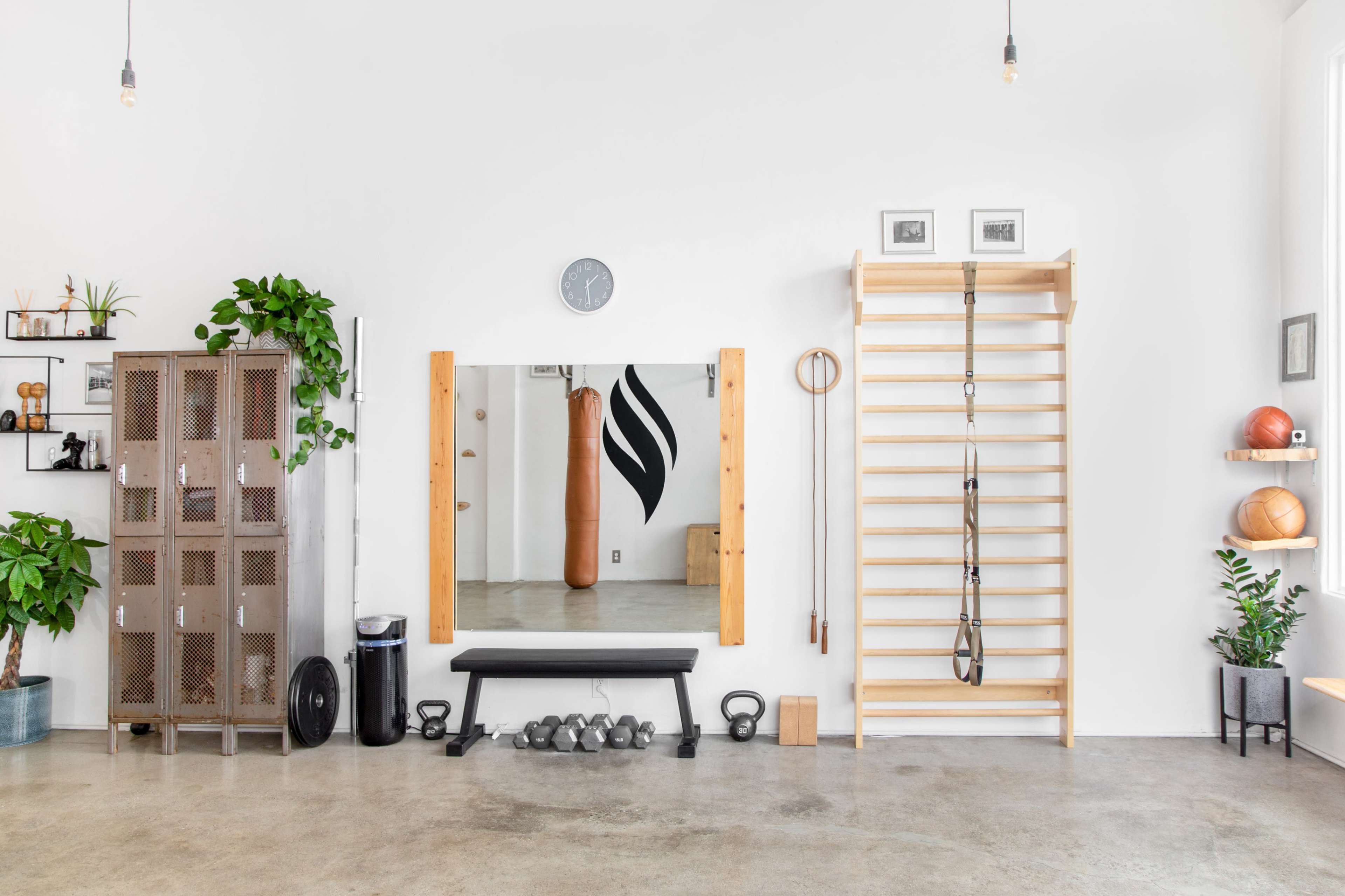 A modern home gym with various fitness equipment, including weights, a bench, and a wall-mounted exercise frame, alongside plants and decorative elements.