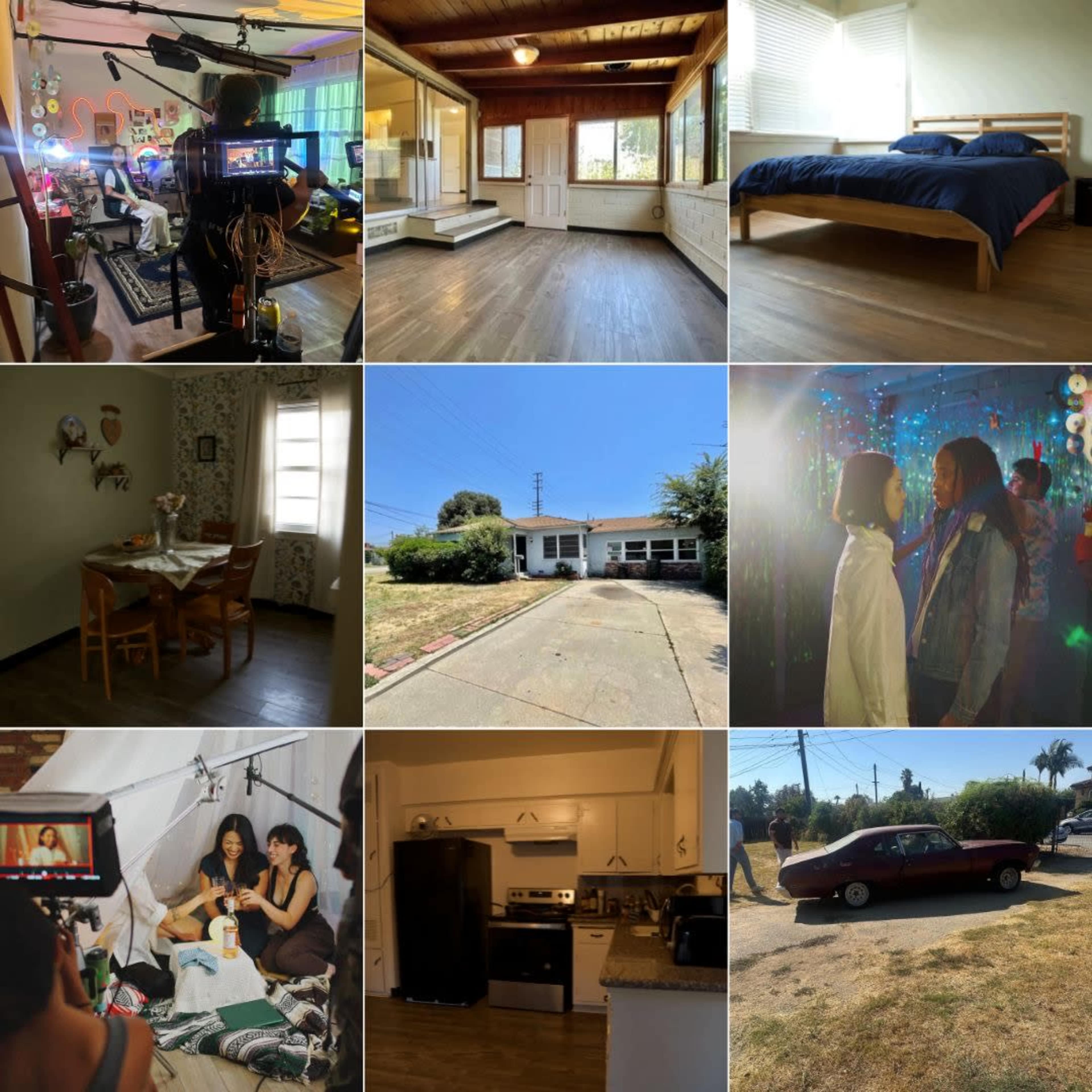 A collage of nine images featuring various scenes, including a film set, an empty room, a bedroom, a dining area, an exterior view of a house, two people interacting, a kitchen, and a parked car.