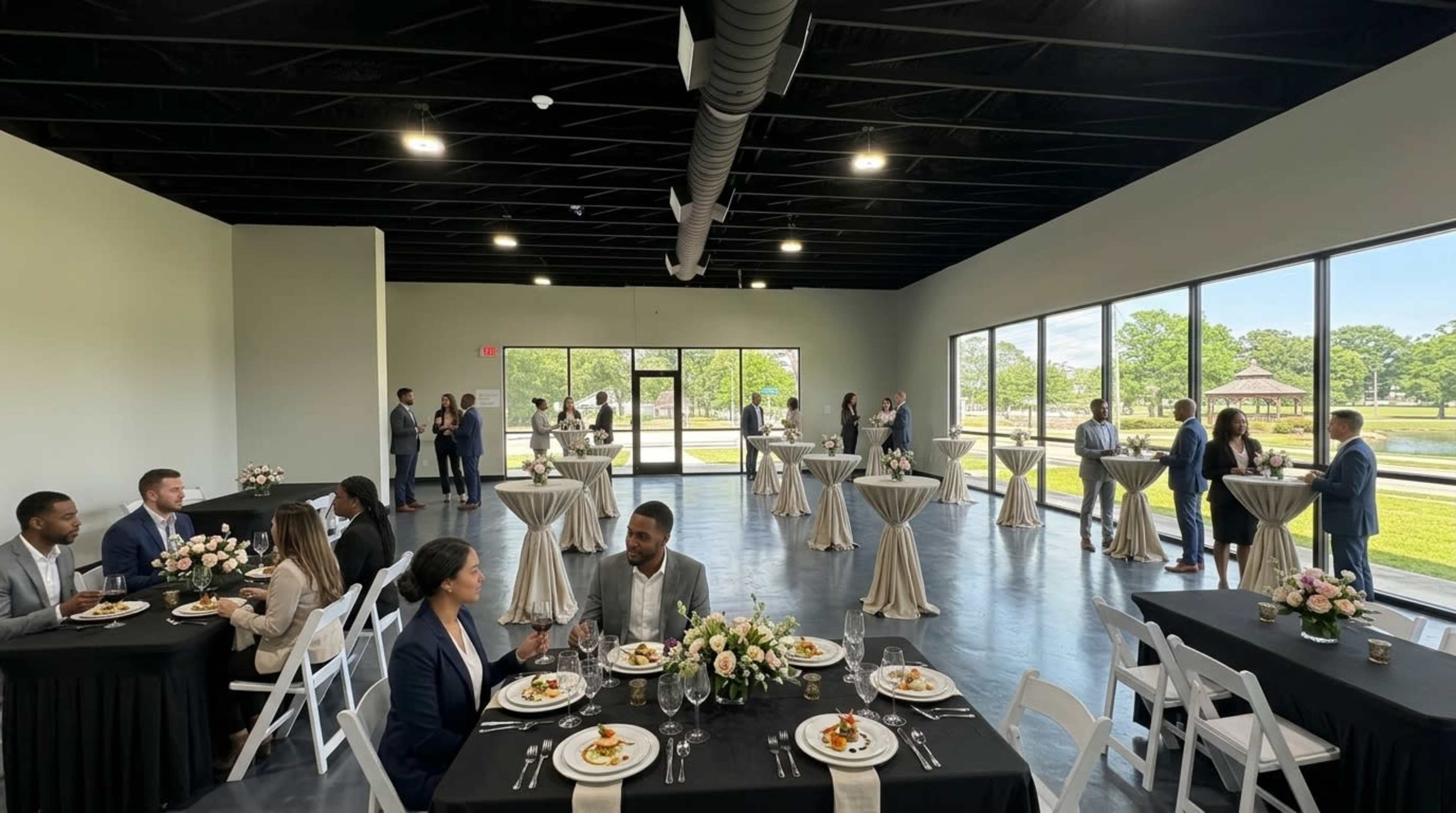 A modern event space with tables set for dining, guests mingling, and large windows overlooking a scenic outdoor area.