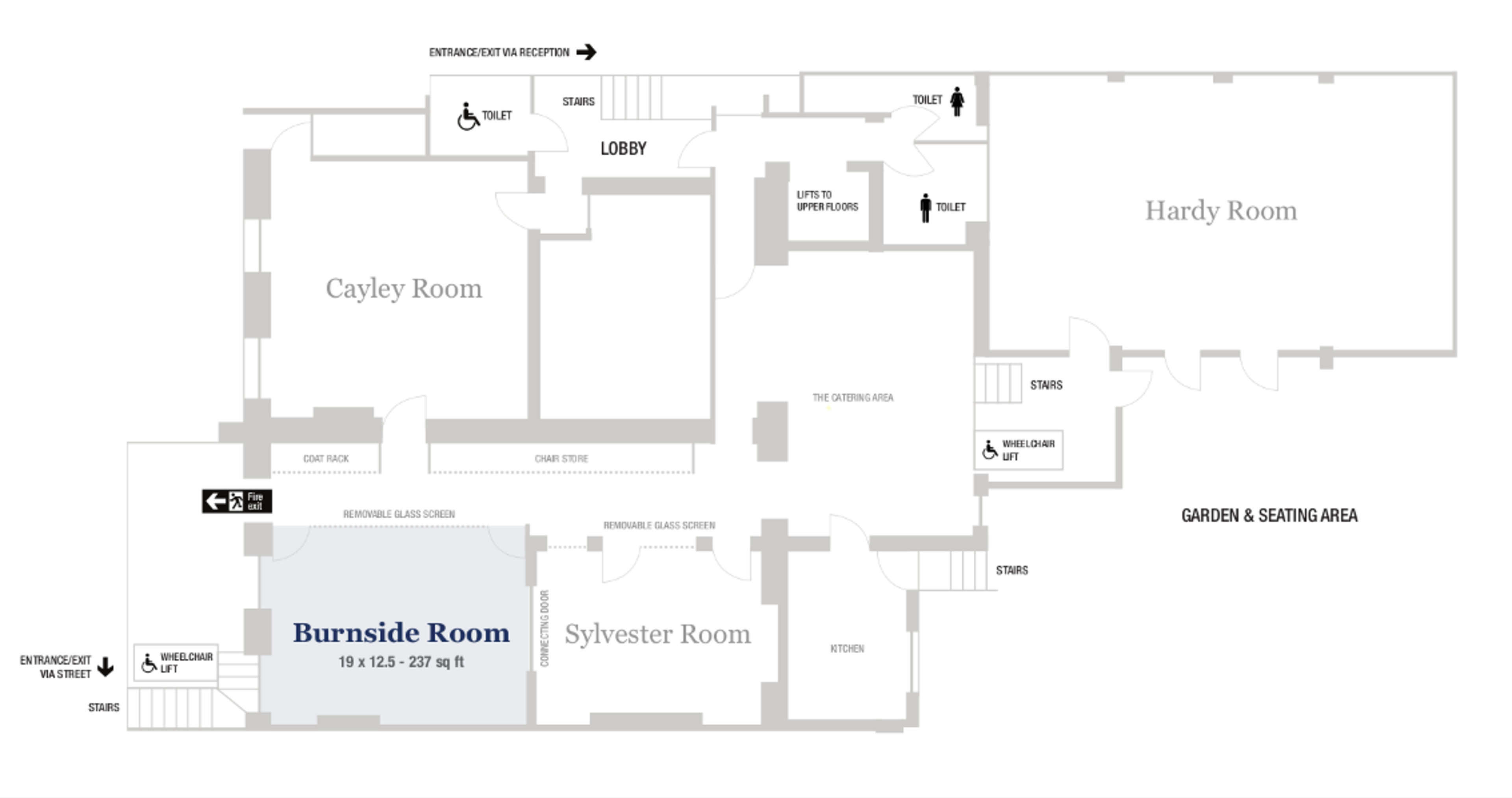 A floor plan of a building indicating various rooms, including the Burnside Room, lobby, and restrooms, along with their dimensions and accessibility features.
