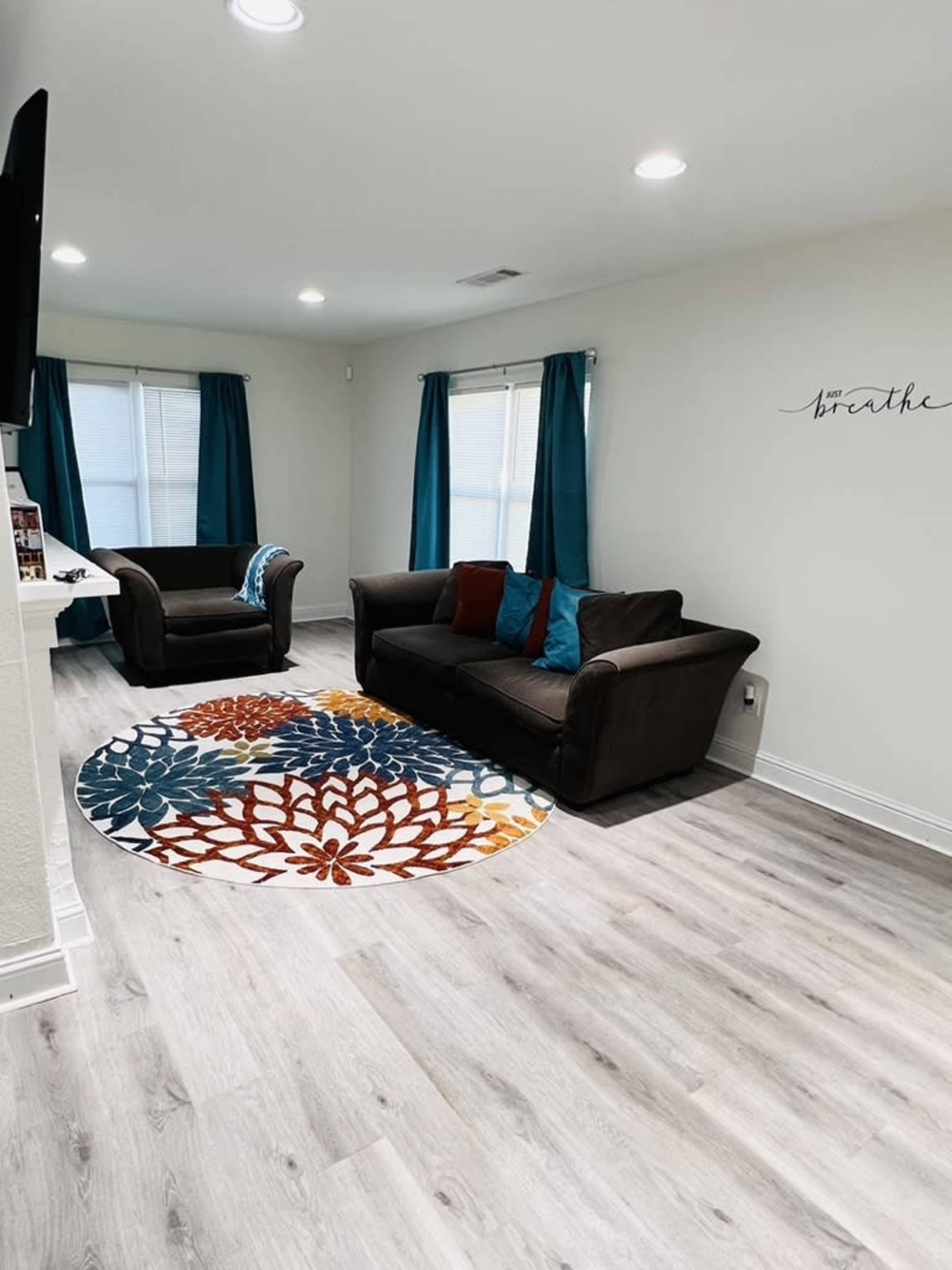 A living room features a dark brown sofa and chair, a circular rug with a floral pattern, and teal curtains over two windows.