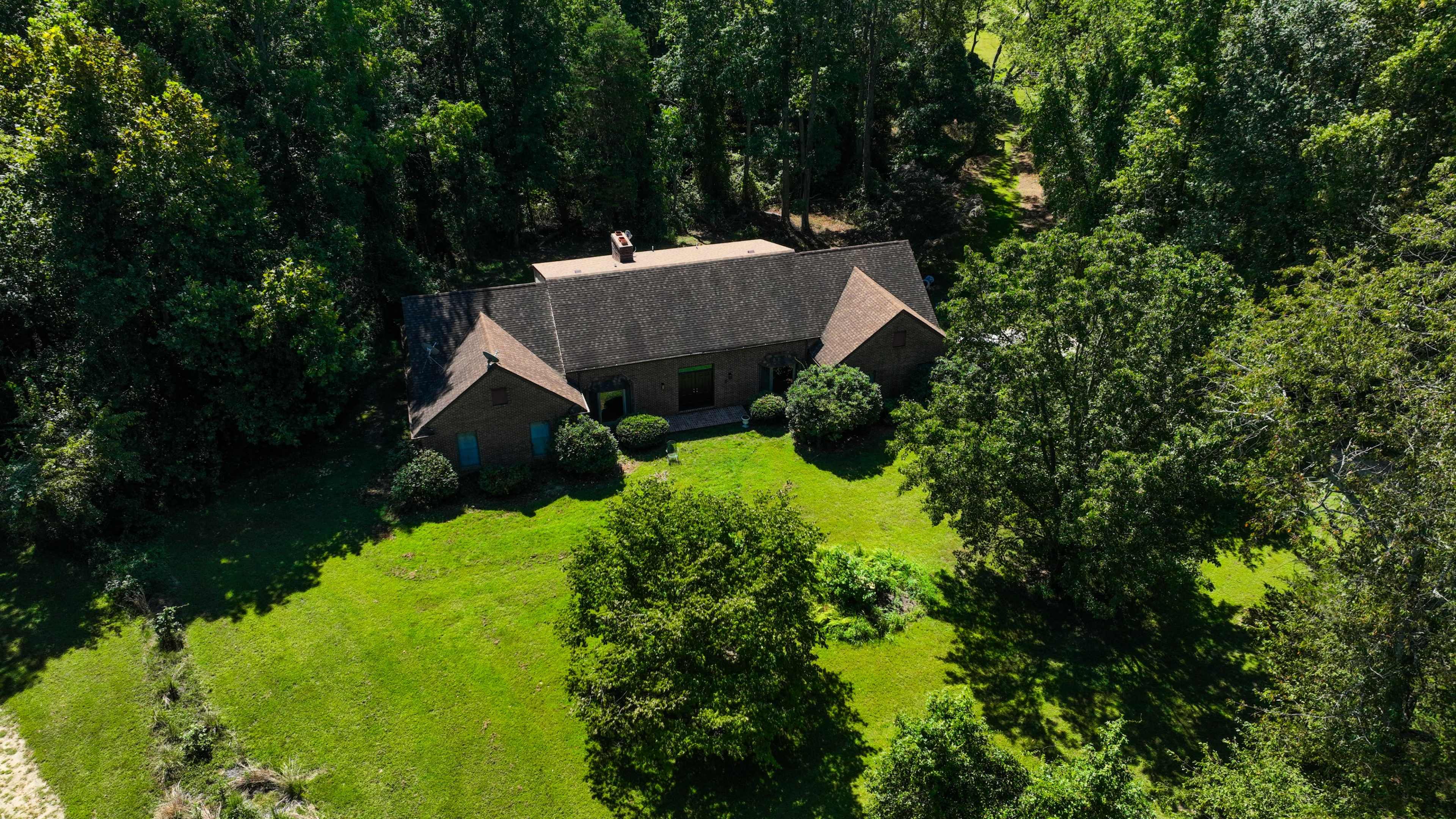A single-story brick house is surrounded by greenery and trees in a spacious yard.
