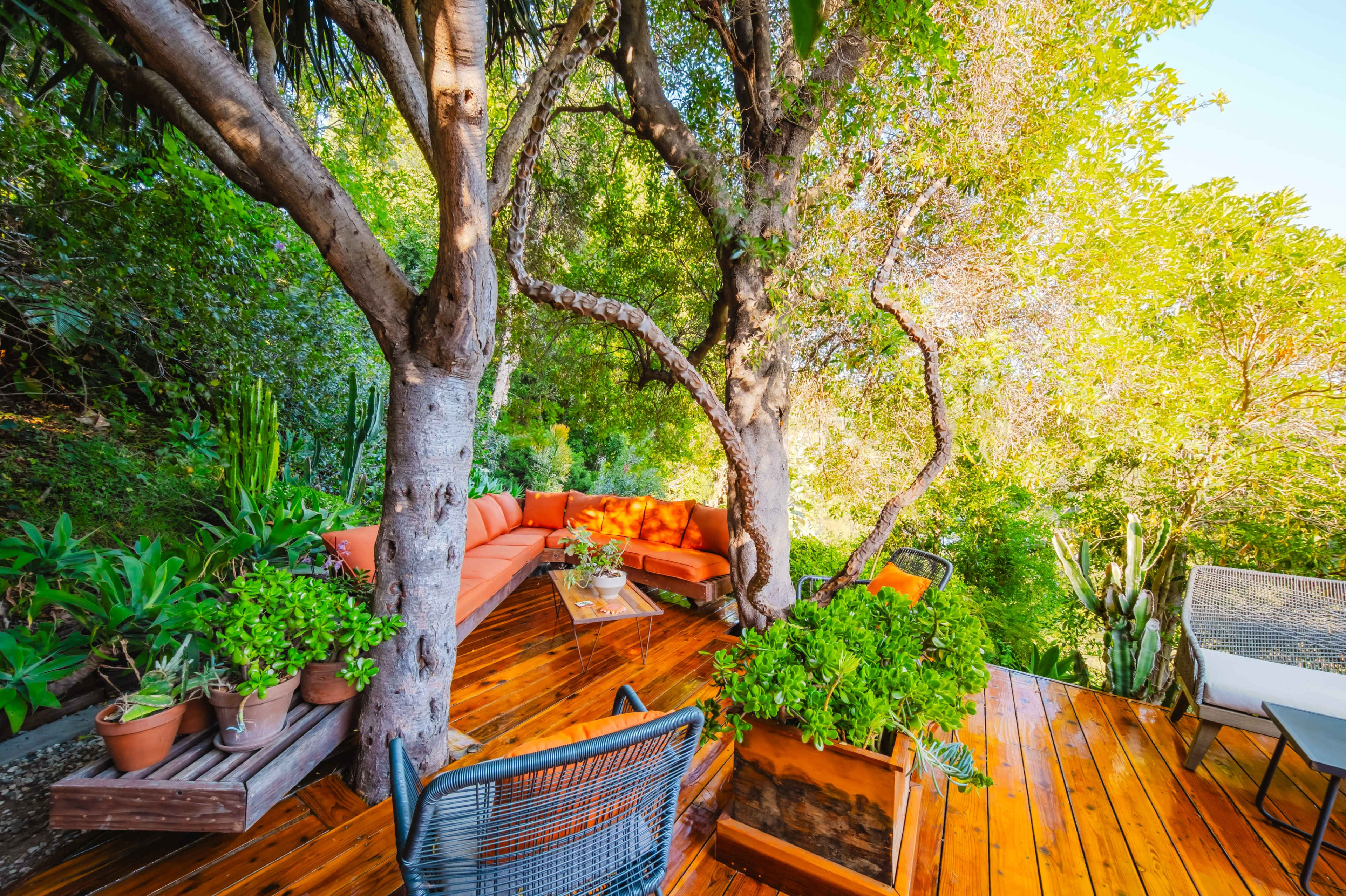 The image shows a deck area with a wooden floor, surrounded by greenery, featuring an orange sofa set and potted plants.