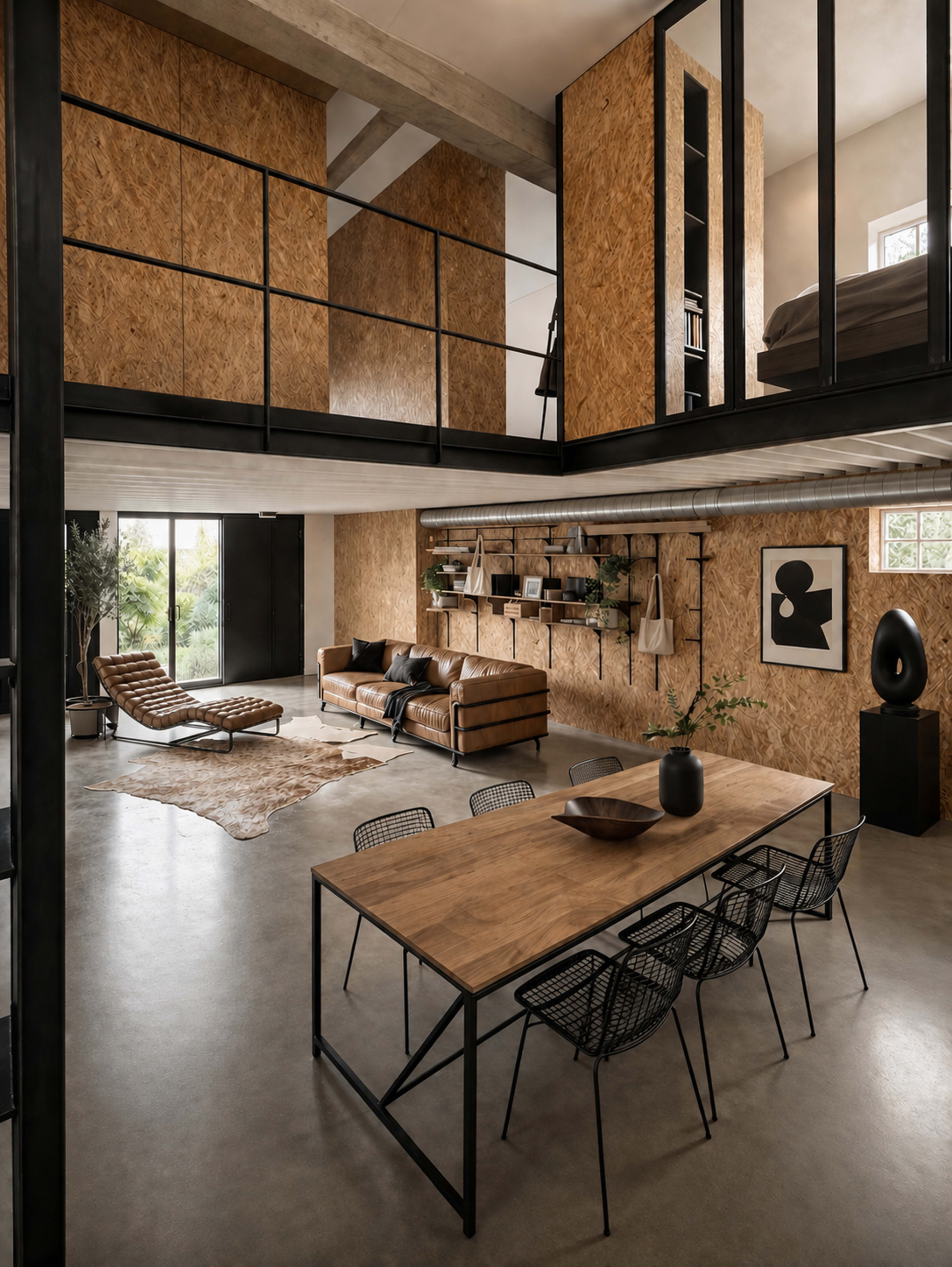 The image shows a modern, open-concept living space featuring a dining area with a wooden table and black wire chairs, a living area with a brown leather sofa, and a lofted sleeping area above, all set against walls made of textured, light-colored wood.