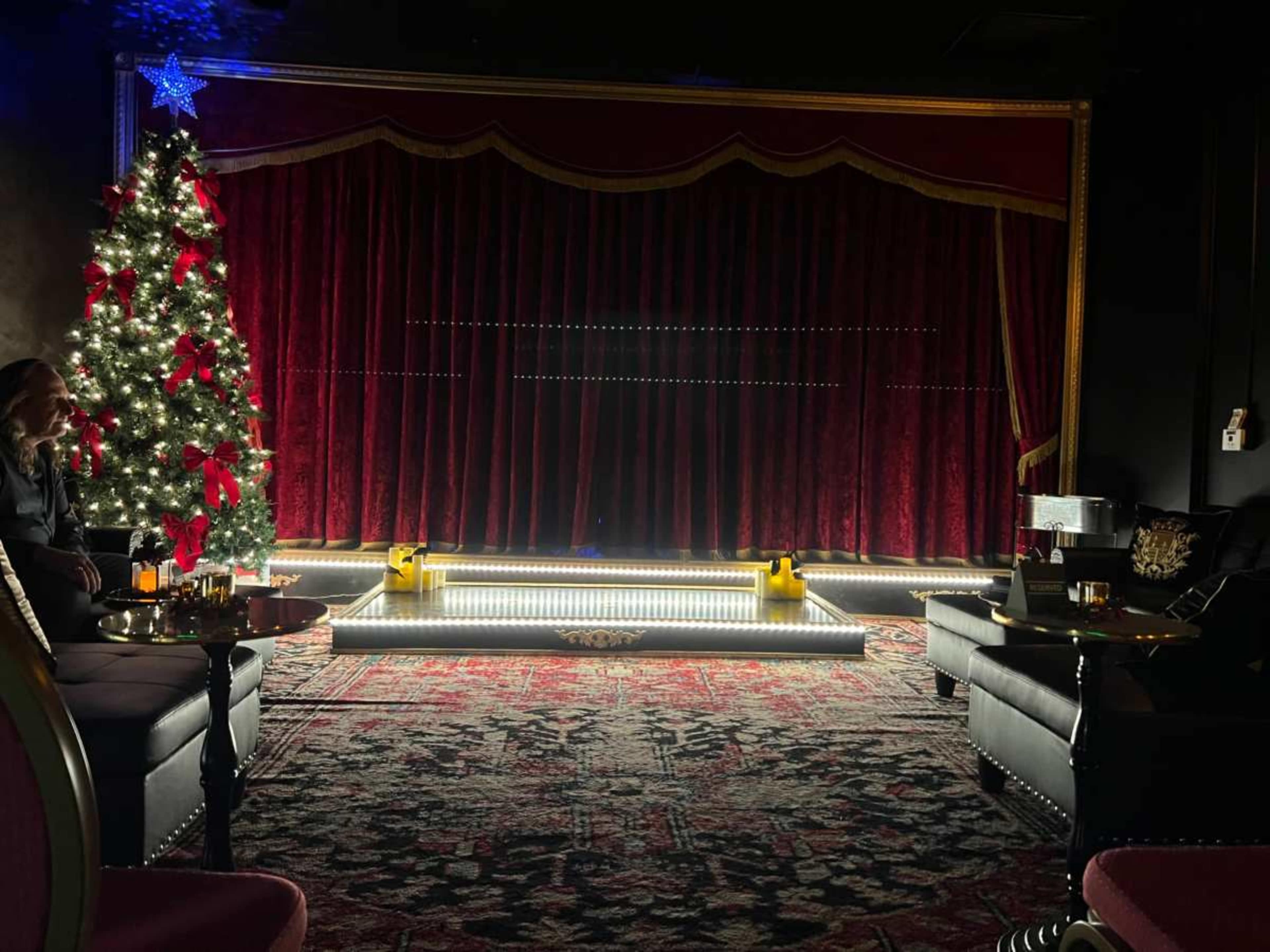 The image shows an elegant stage set in a dimly lit venue, decorated with a Christmas tree and surrounded by plush seating.