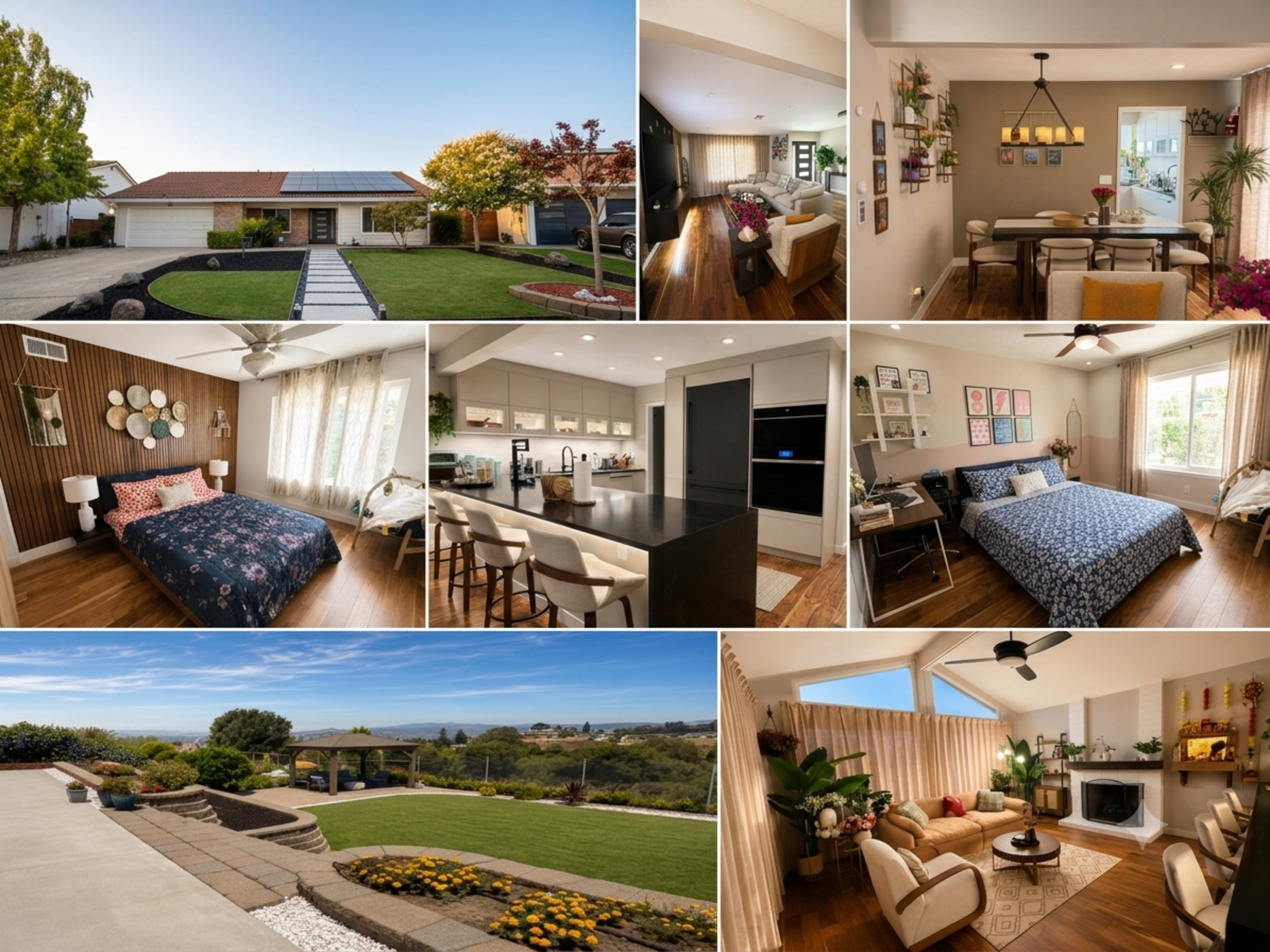 The image showcases various views of a modern home, including the exterior, living spaces, kitchen, bedrooms, and a garden with a scenic landscape.
