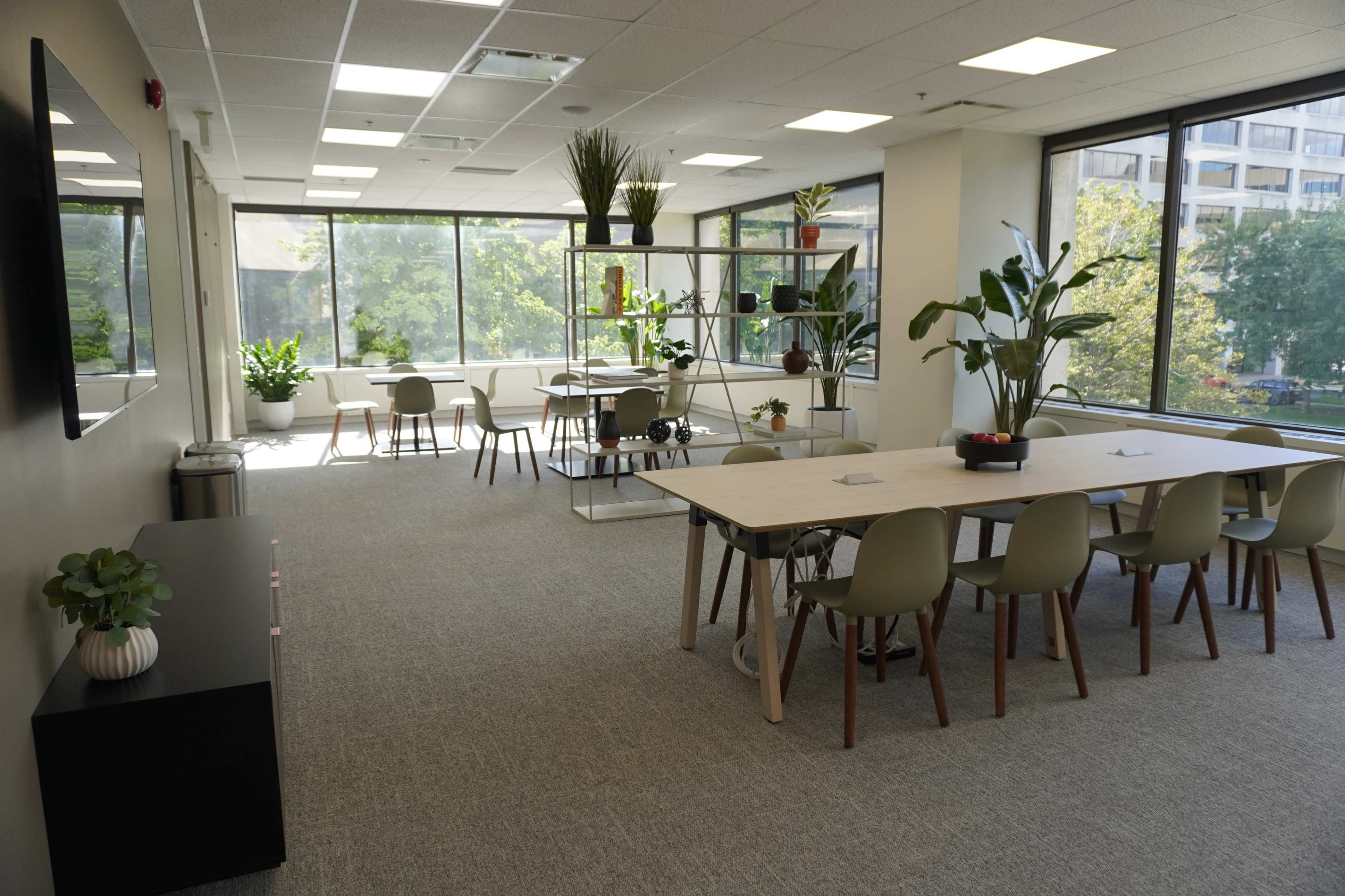 The image shows a bright, modern office space with large windows, a communal table, and various plants around the room.