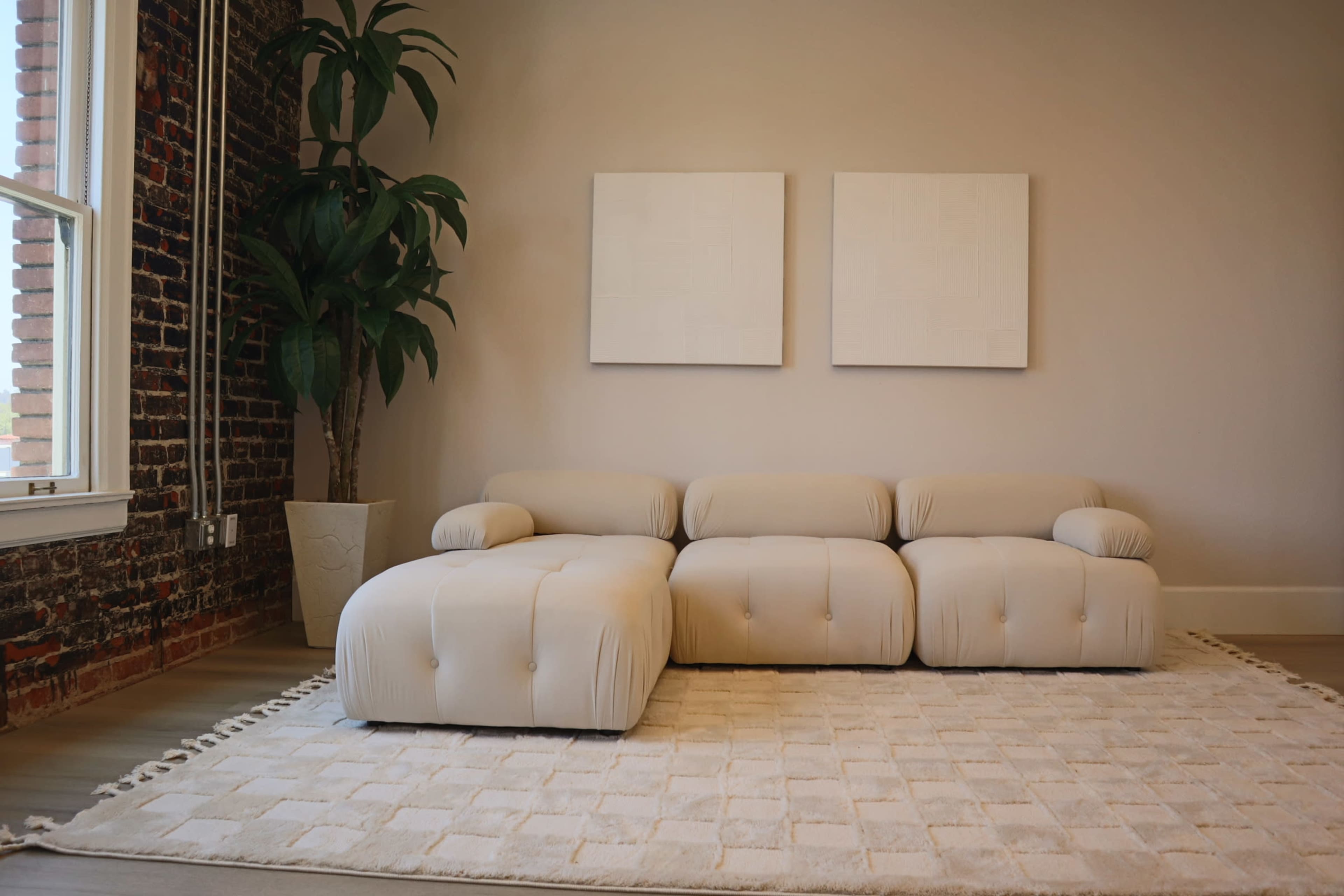 A light-colored, upholstered sectional sofa is positioned against a wall with two blank canvases above it, accompanied by a potted plant in a corner and a textured rug on the floor.