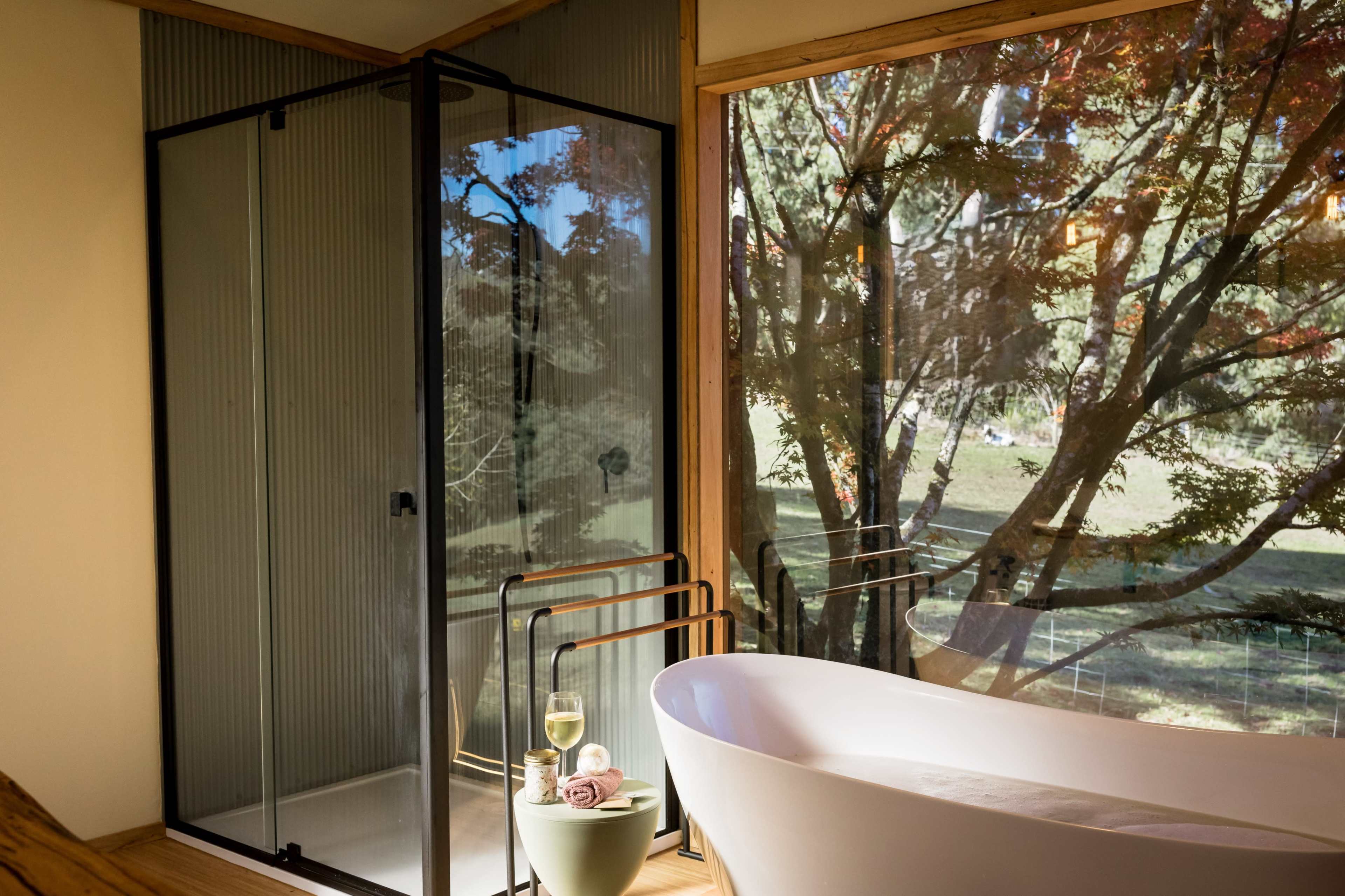 A modern bathroom features a glass shower enclosure, a freestanding bathtub, and a large window showcasing trees outside.