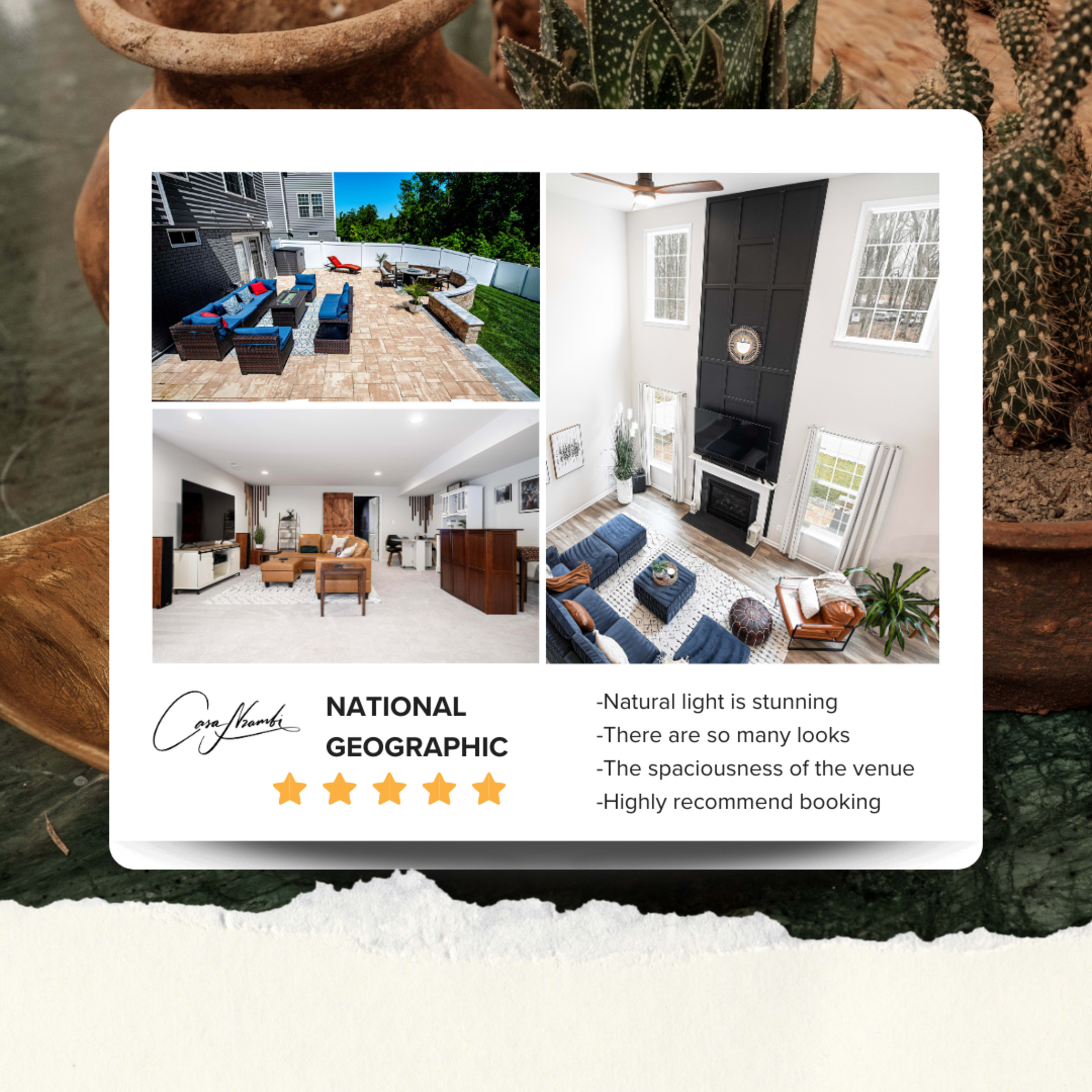 The image features a collage of a modern living space with abundant natural light, a comfortable seating area, and an outdoor patio with lounge furniture.