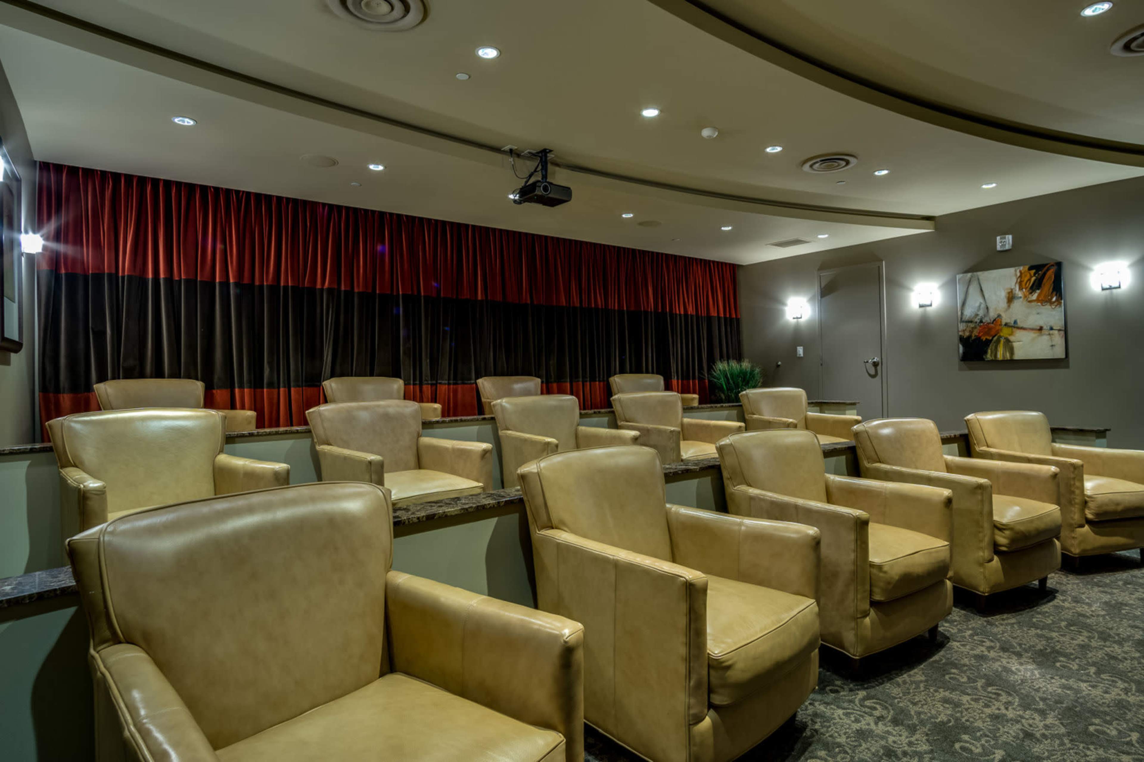 The image shows a small home theater with plush, beige leather seating arranged in rows against a dark, curtained backdrop.