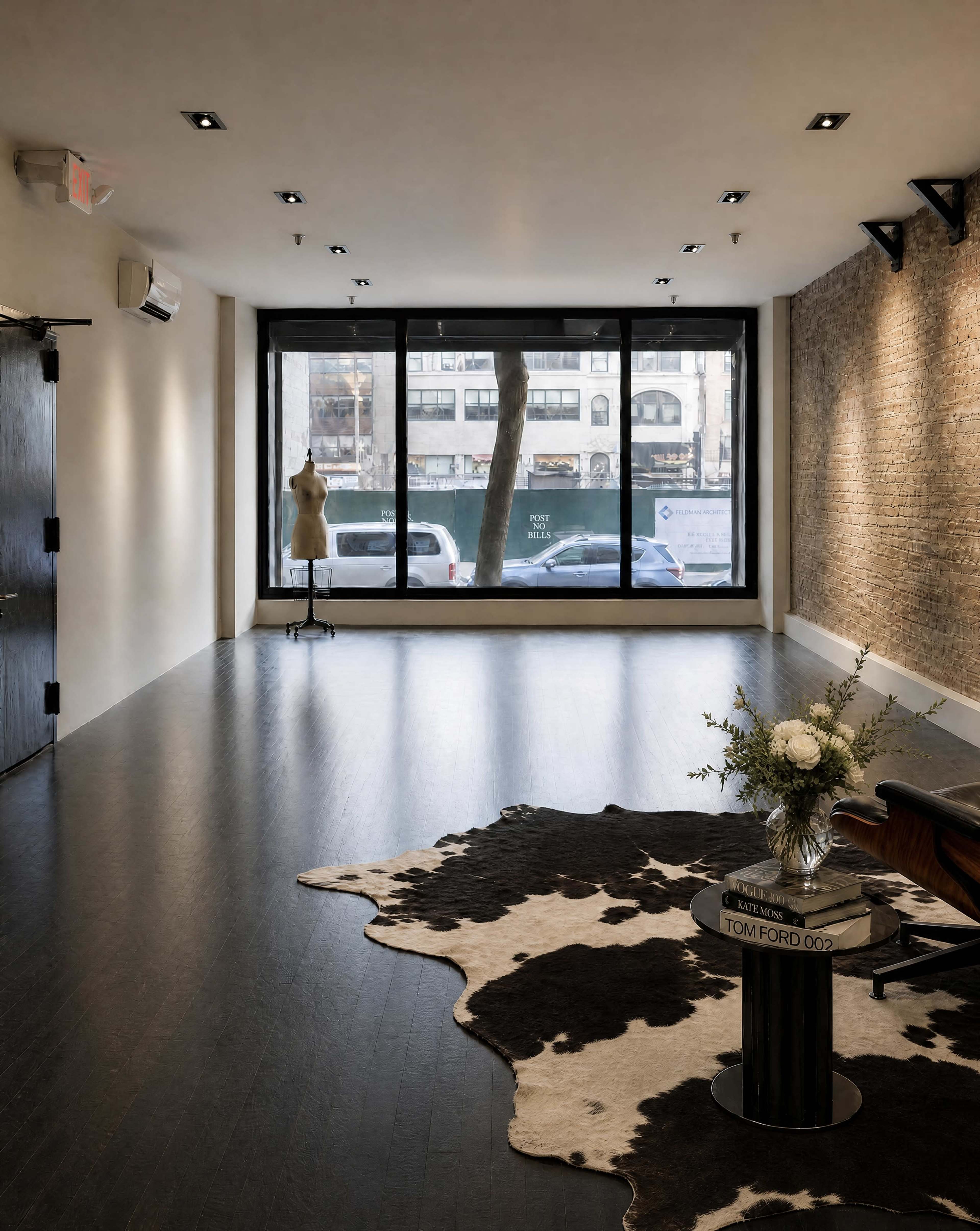 The image depicts a spacious interior with a large window, a dress form, a cowhide rug, and a small table displaying a book and a vase of flowers.