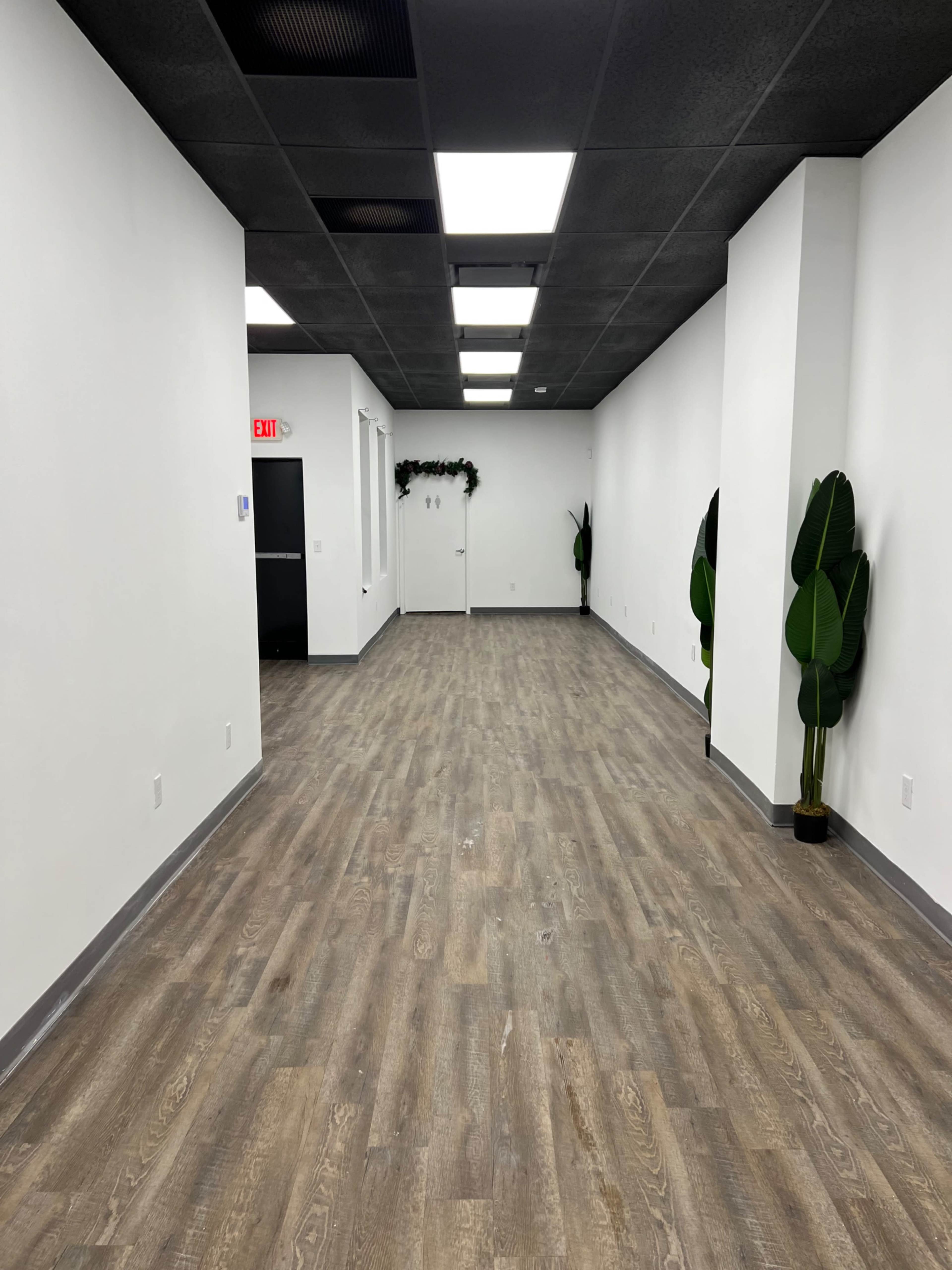 A long, narrow hallway with white walls, a wooden floor, and green potted plants along the sides.