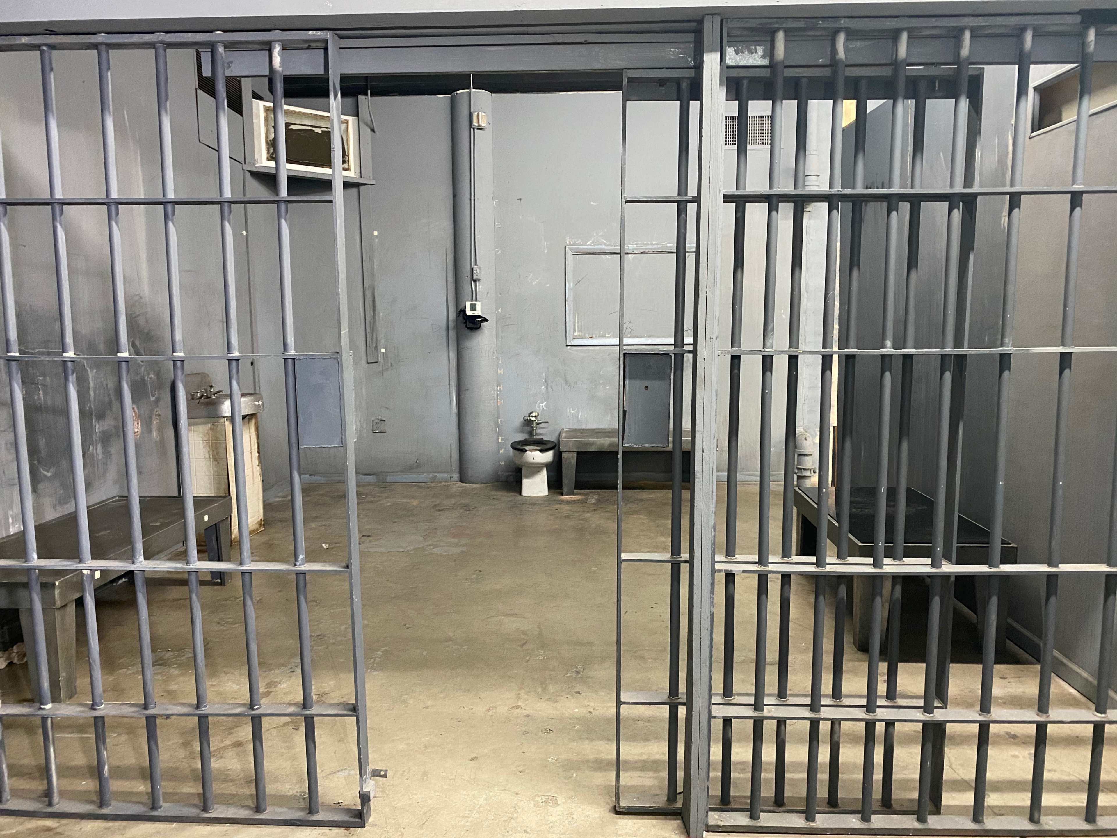 The image shows a small, empty jail cell with gray walls, metal bars, and basic furnishings including a toilet and a bench.