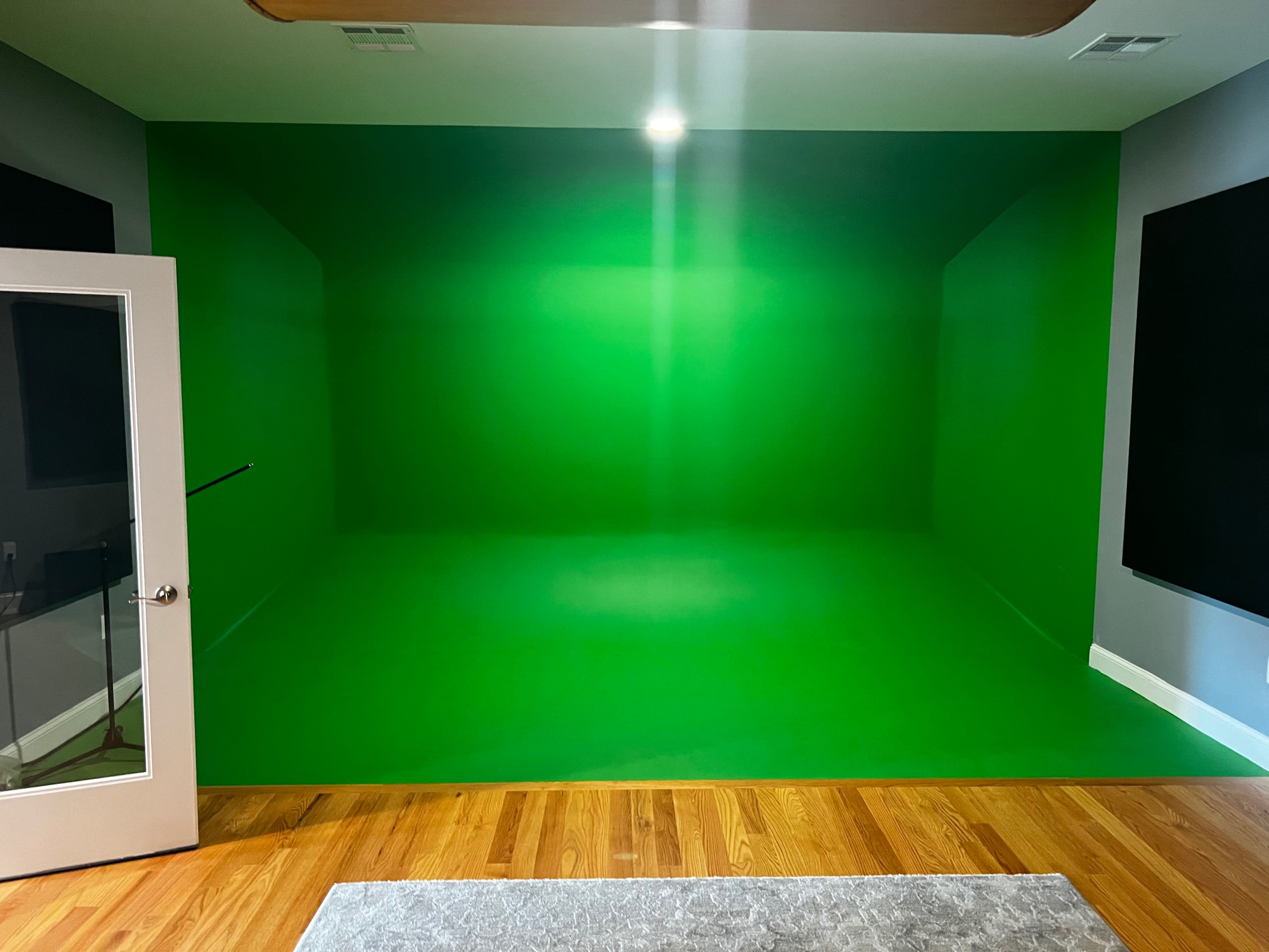 A green-screen studio with a solid green wall and floor, framed by gray walls and a glass door.