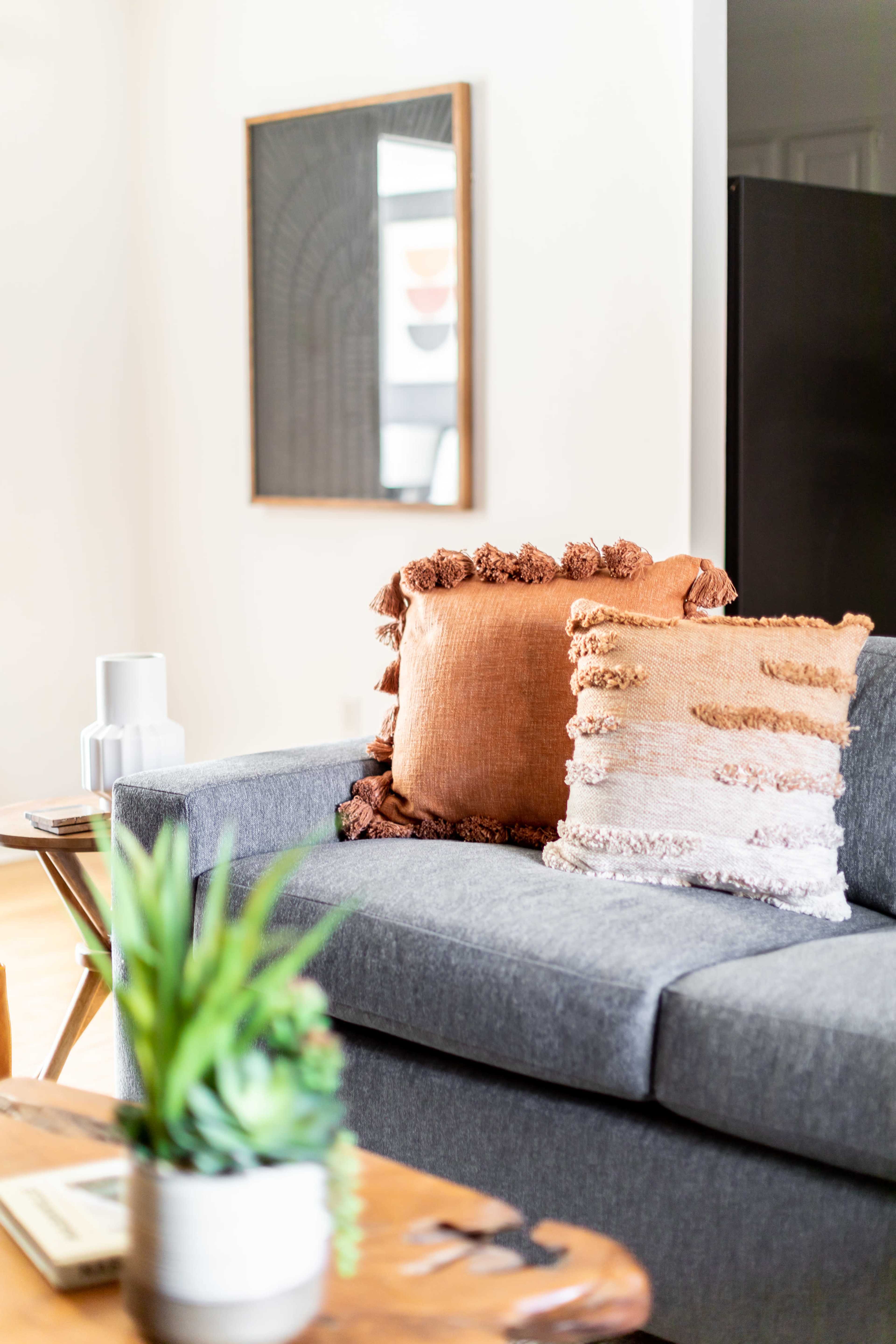 A gray sofa with two decorative pillows sits in a bright living room, alongside a wooden coffee table and a small plant.