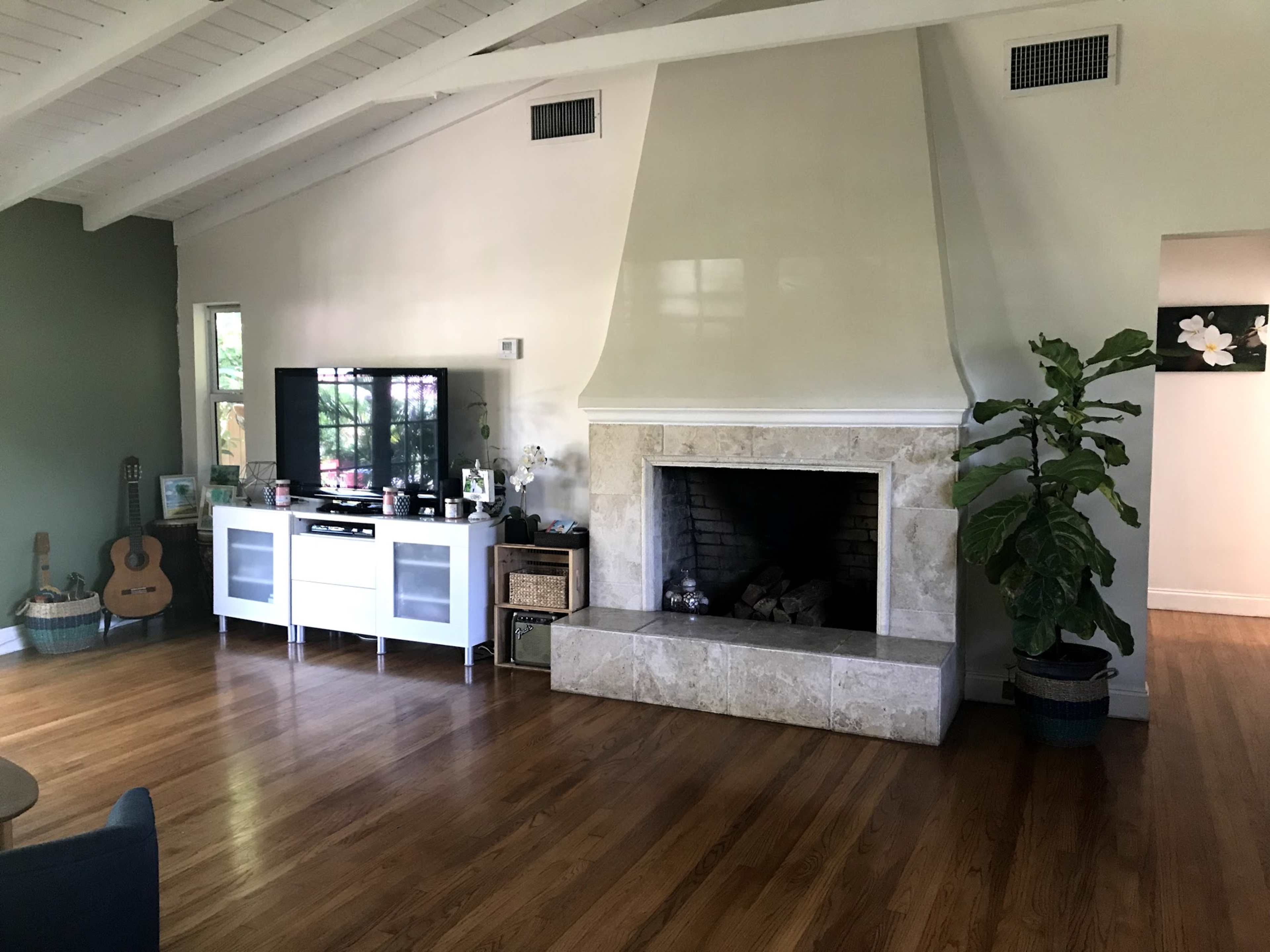 A spacious living room with a fireplace, a television on a white media console, and a guitar leaning against the wall, accompanied by a large potted plant.
