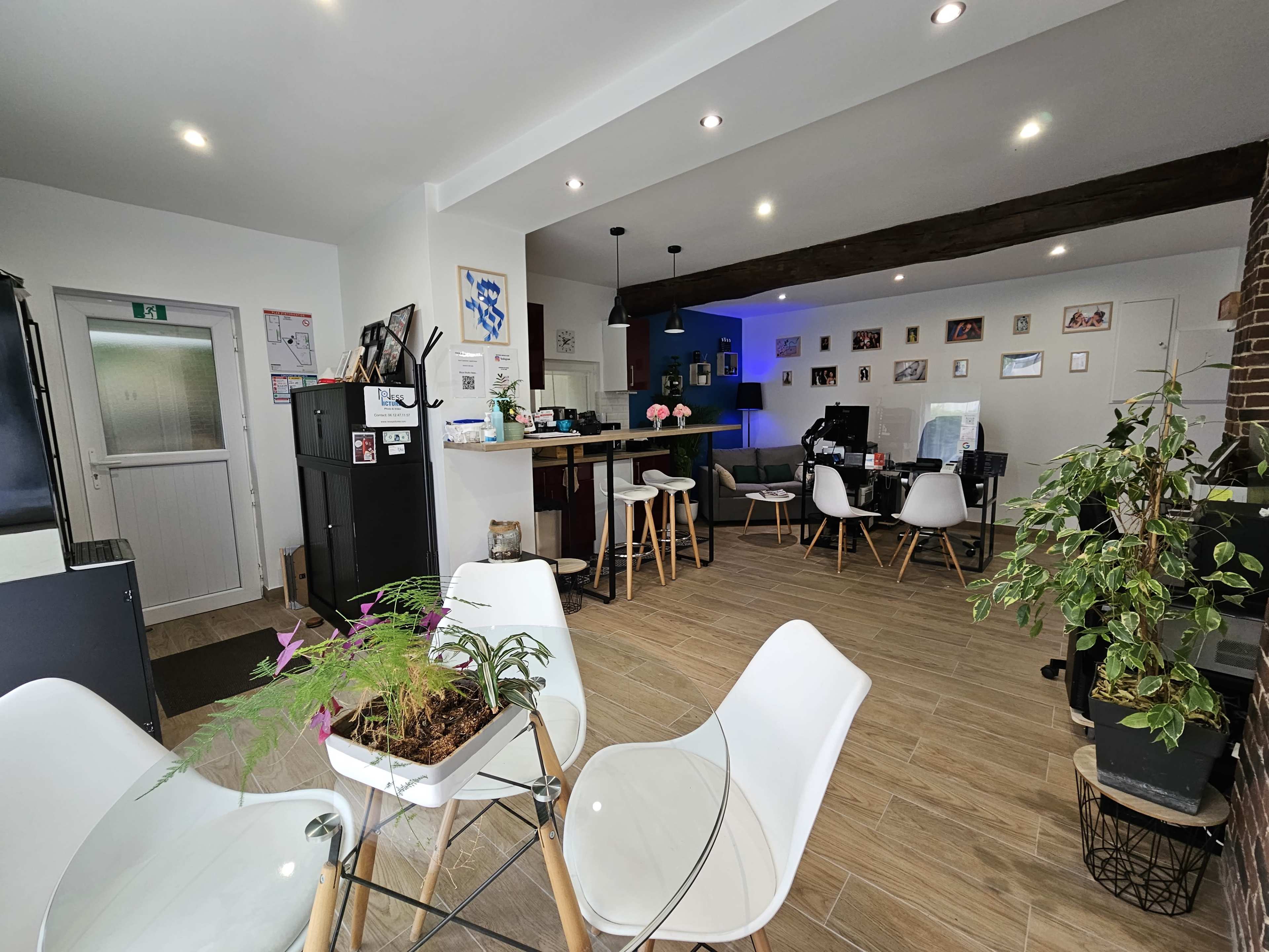 A modern, open-plan kitchen and dining area with white chairs and a mix of plants, featuring a bar counter and decorative artwork on the walls.