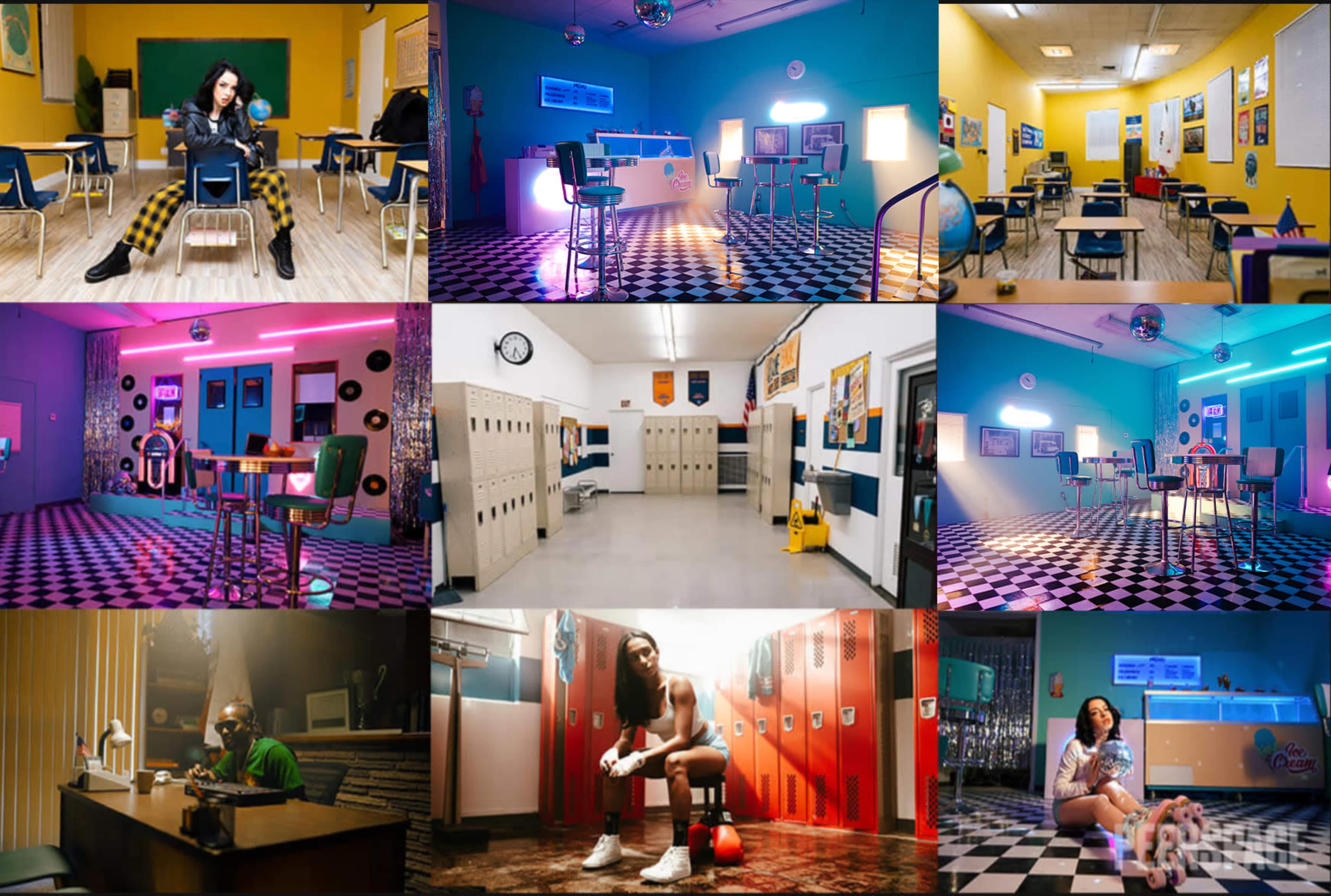 A series of brightly colored rooms, including classrooms and locker areas, each decorated with disco balls and neon lights, arranged in a 3x3 grid layout.
