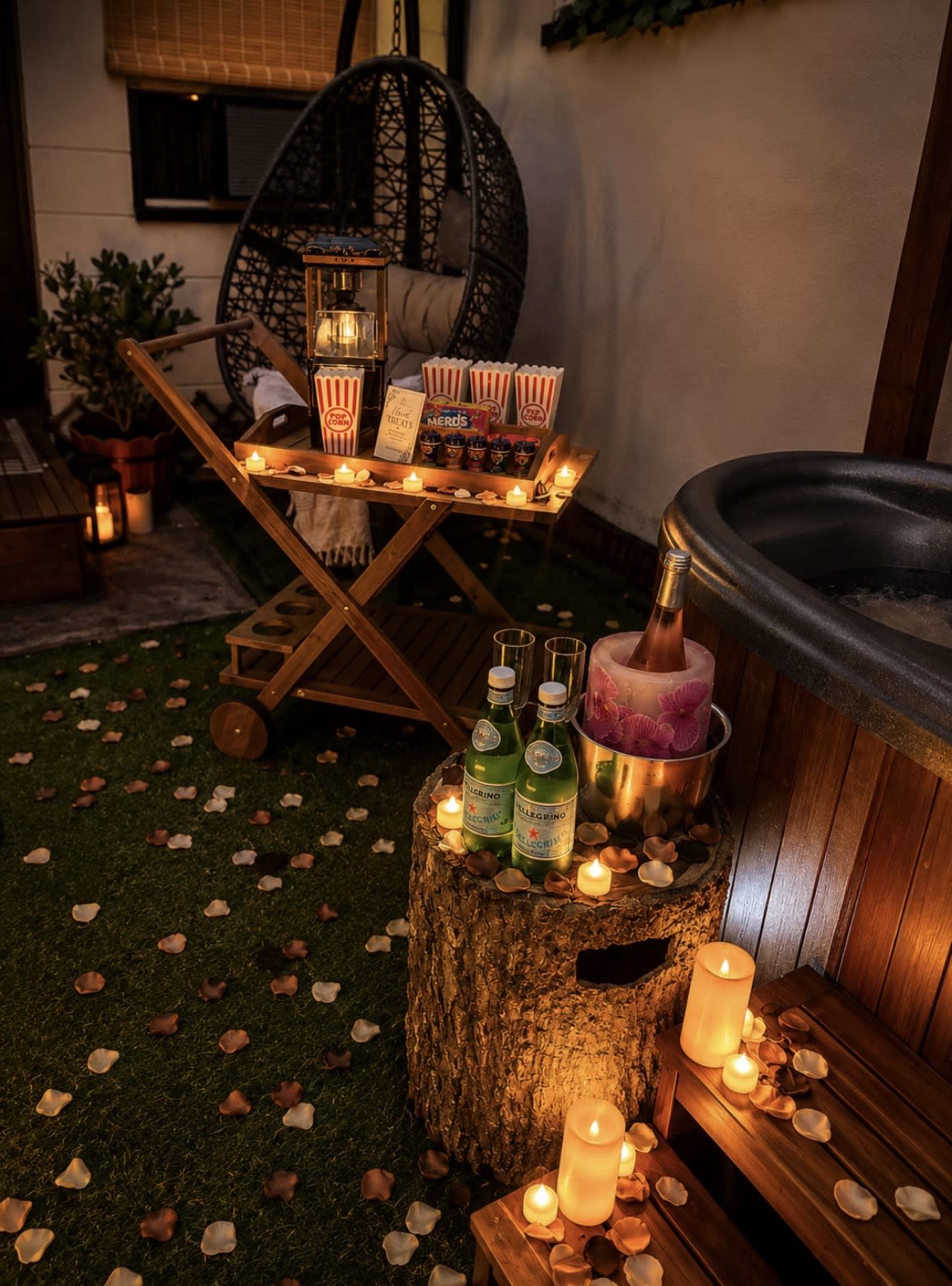 A cozy outdoor scene features a hanging chair, a popcorn station, a bucket of chilled champagne, and candles arranged around a wooden stump table.