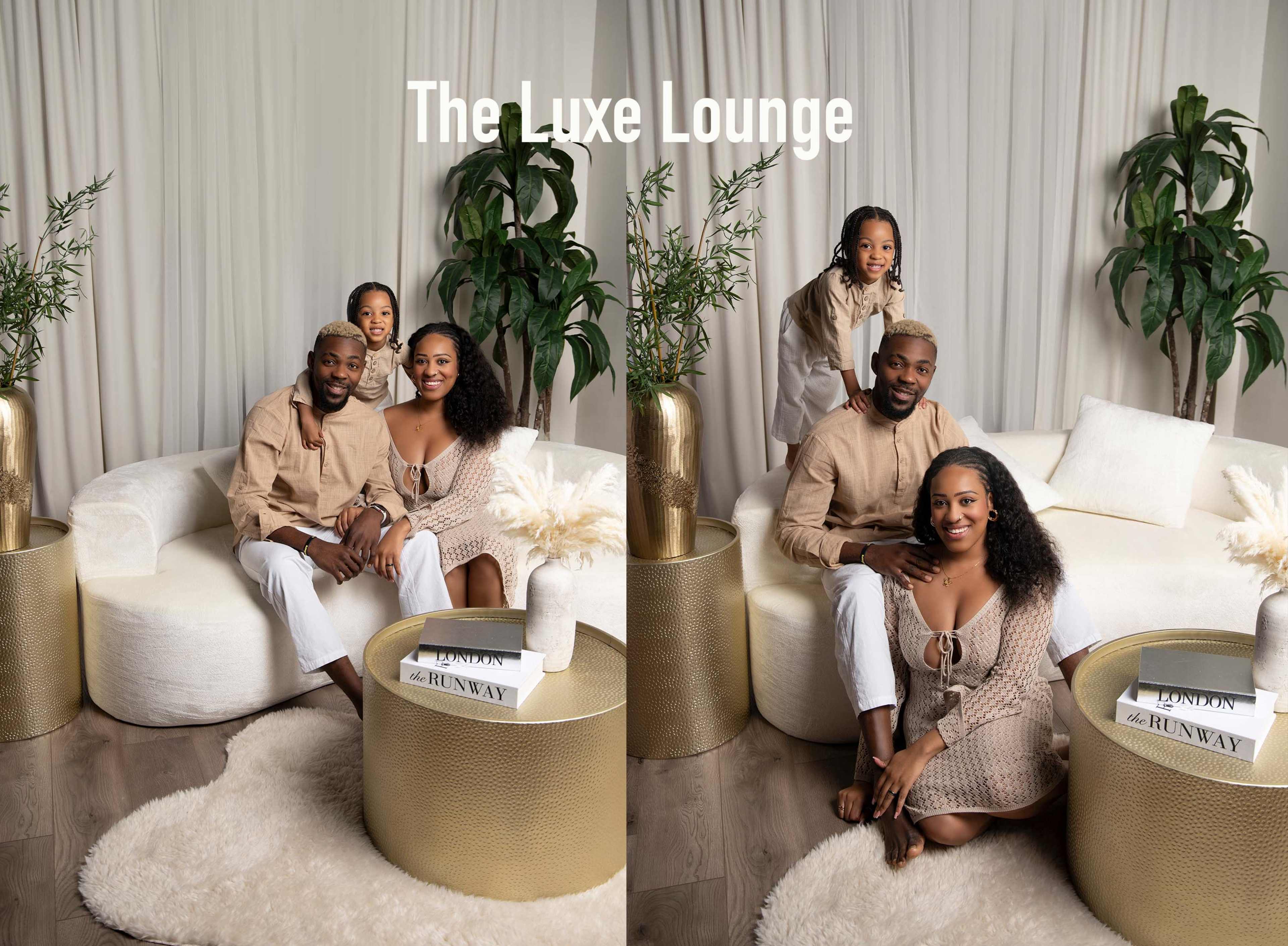 A family of three poses together on a white, curvy sofa in a stylish living space decorated with large green plants and elegant furnishings.