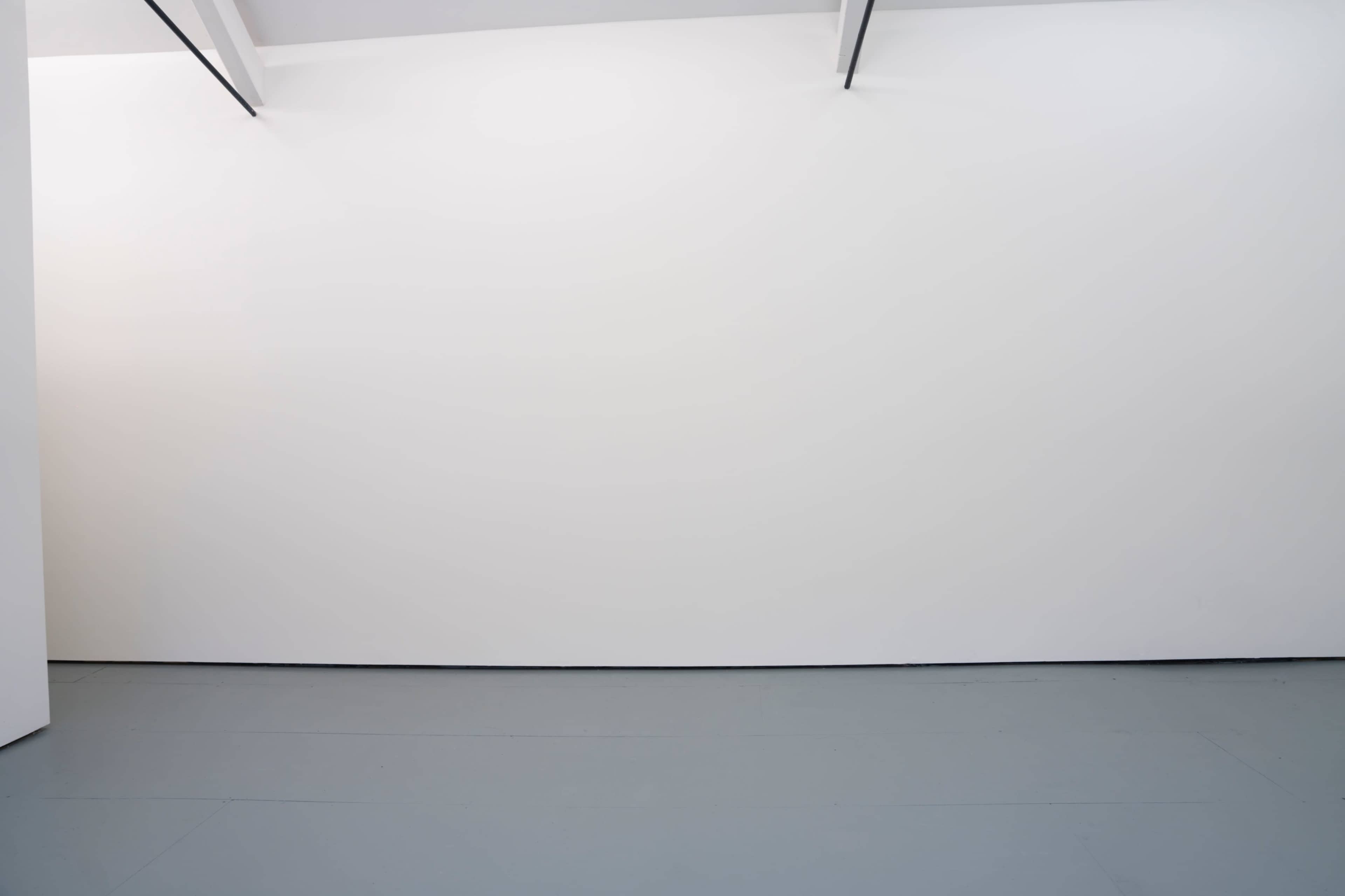 The image shows a plain white wall in a minimalist gallery space with a gray floor.