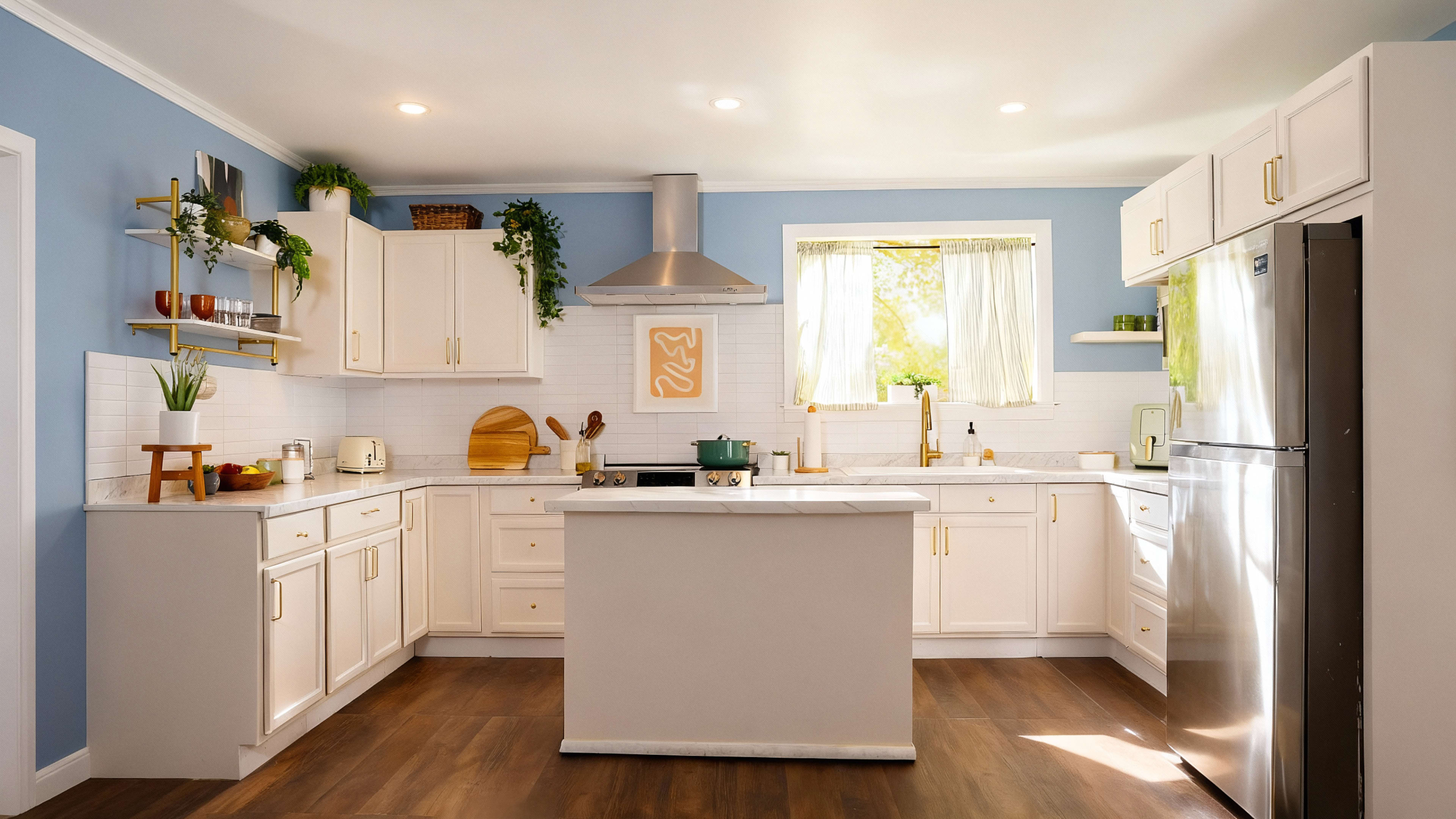 The image shows a modern kitchen with white cabinets, a central island, stainless steel appliances, and light blue walls.
