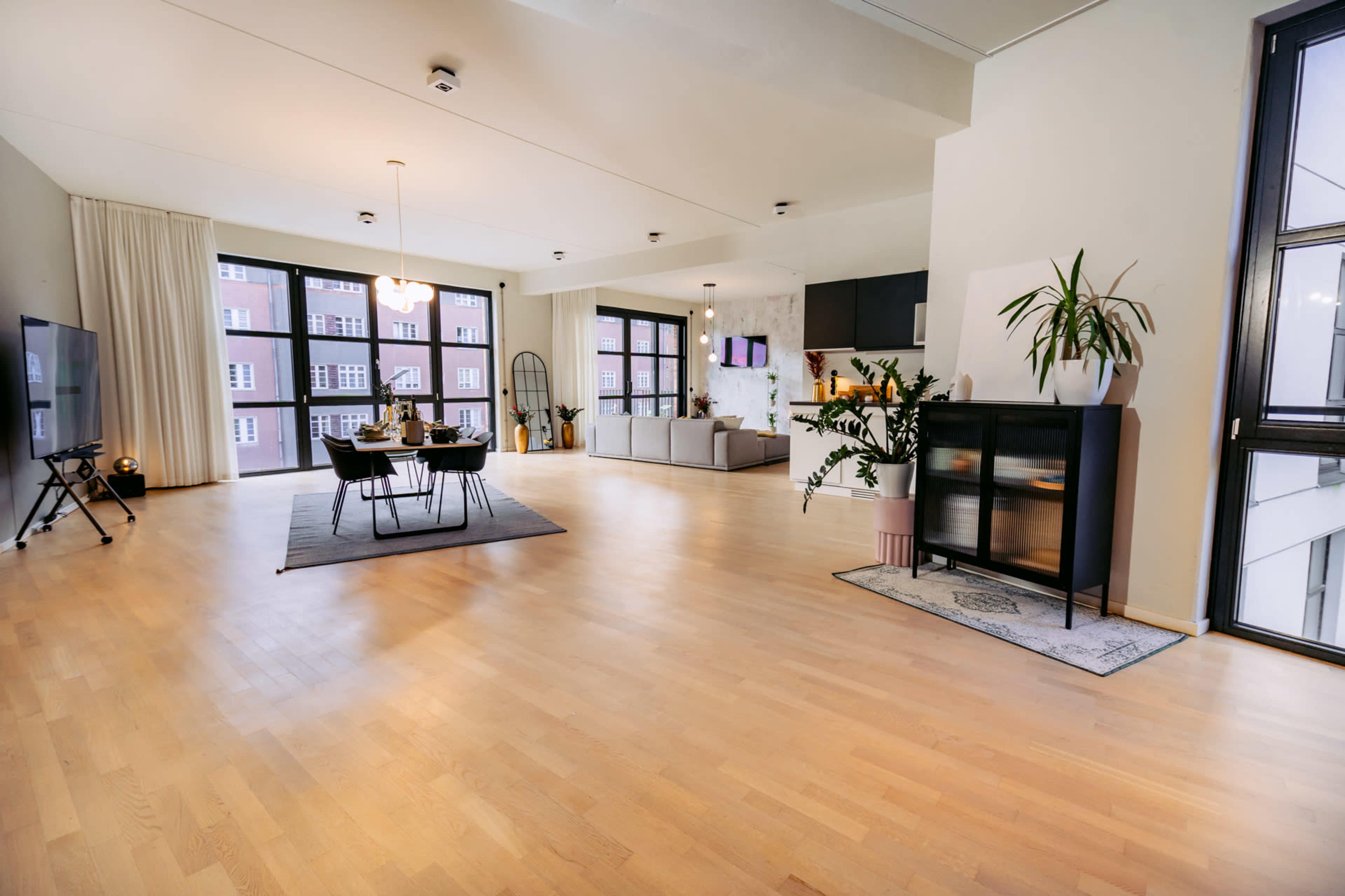 The spacious living area features a dining table with chairs, a large sofa, a television unit, and several plants.