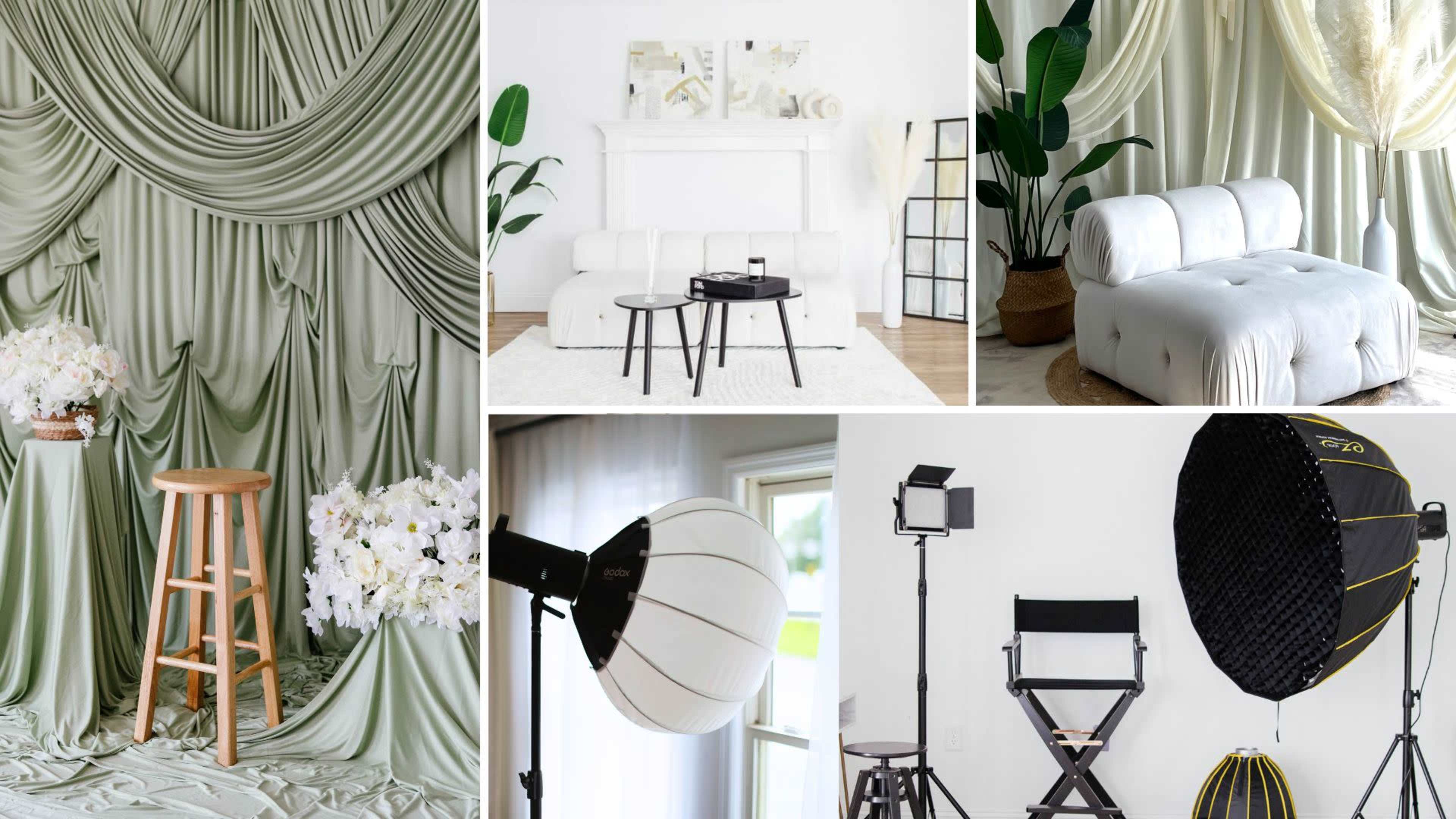 The image features a collection of staged photography setups, including draped fabric backdrops, a white tufted sofa, a stool, lighting equipment, and a plant for decor.