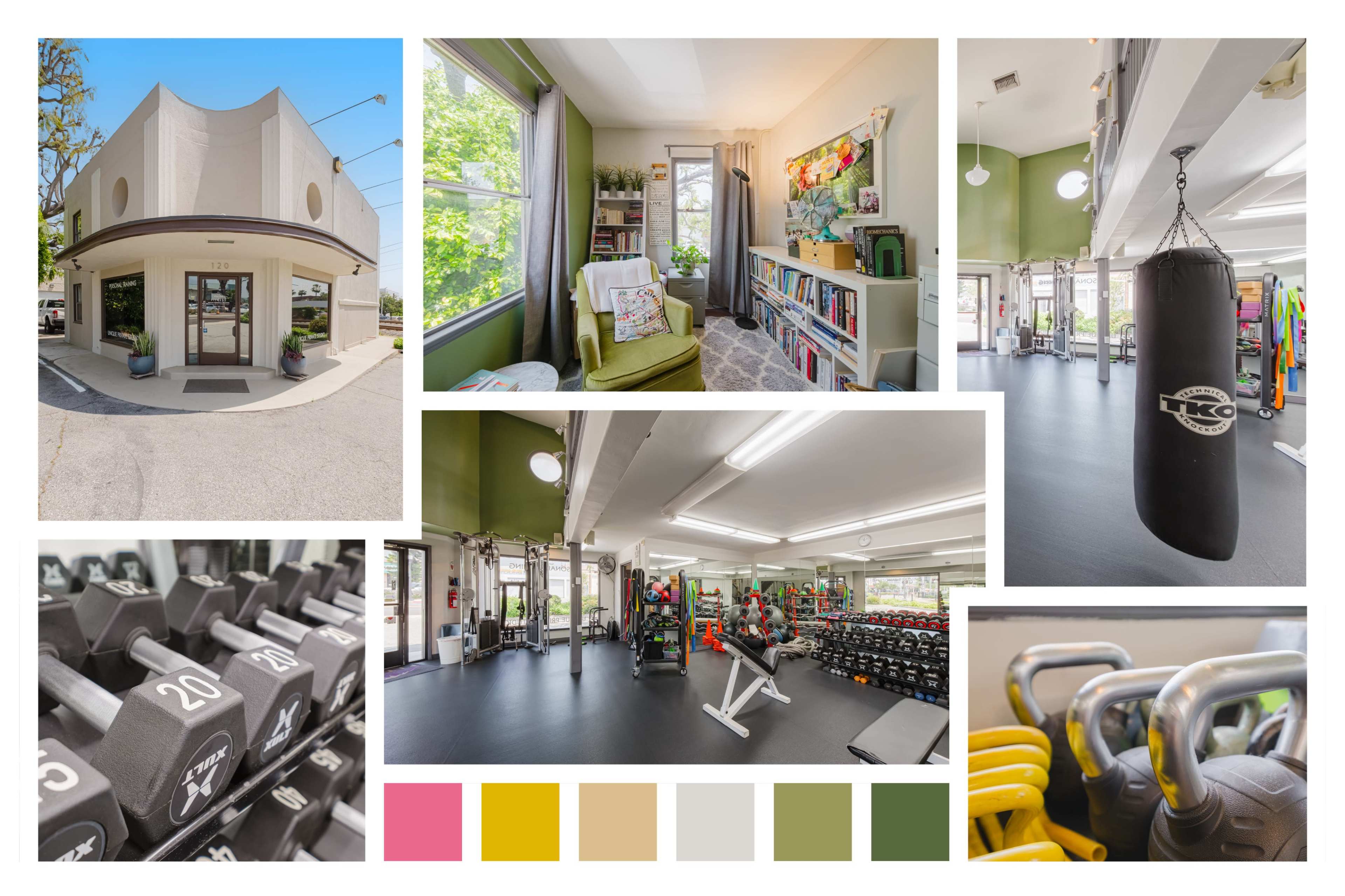 A fitness facility with an exterior entrance, interior workout spaces, exercise equipment, and seating areas filled with natural light.