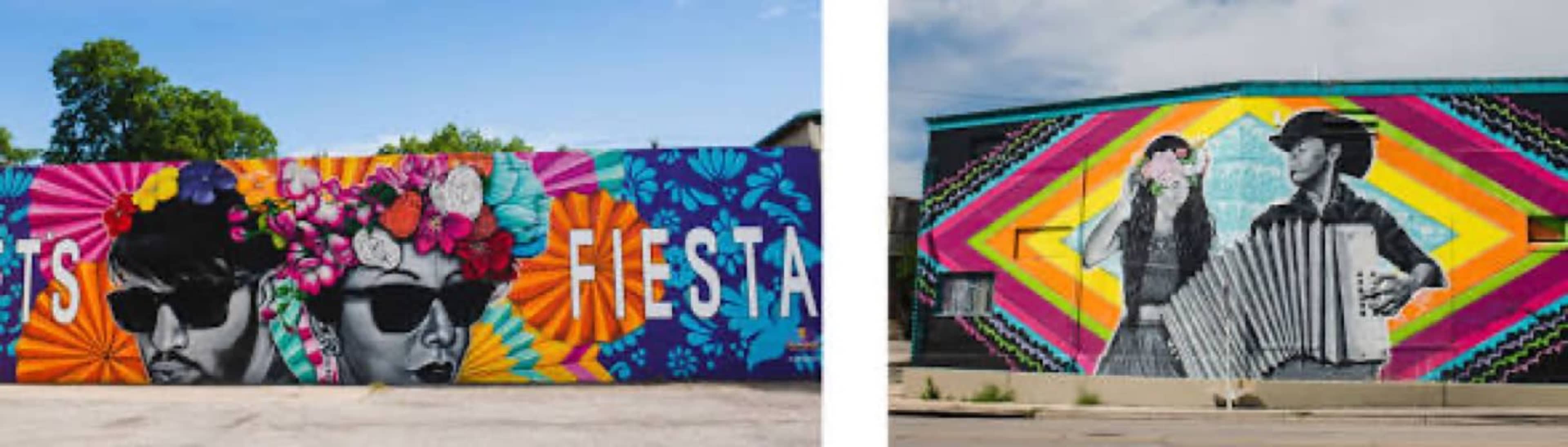 The image shows two colorful murals: one featuring two figures with floral adornments and sunglasses, and the other depicting a man playing an accordion alongside a woman in a vibrant, geometric background.