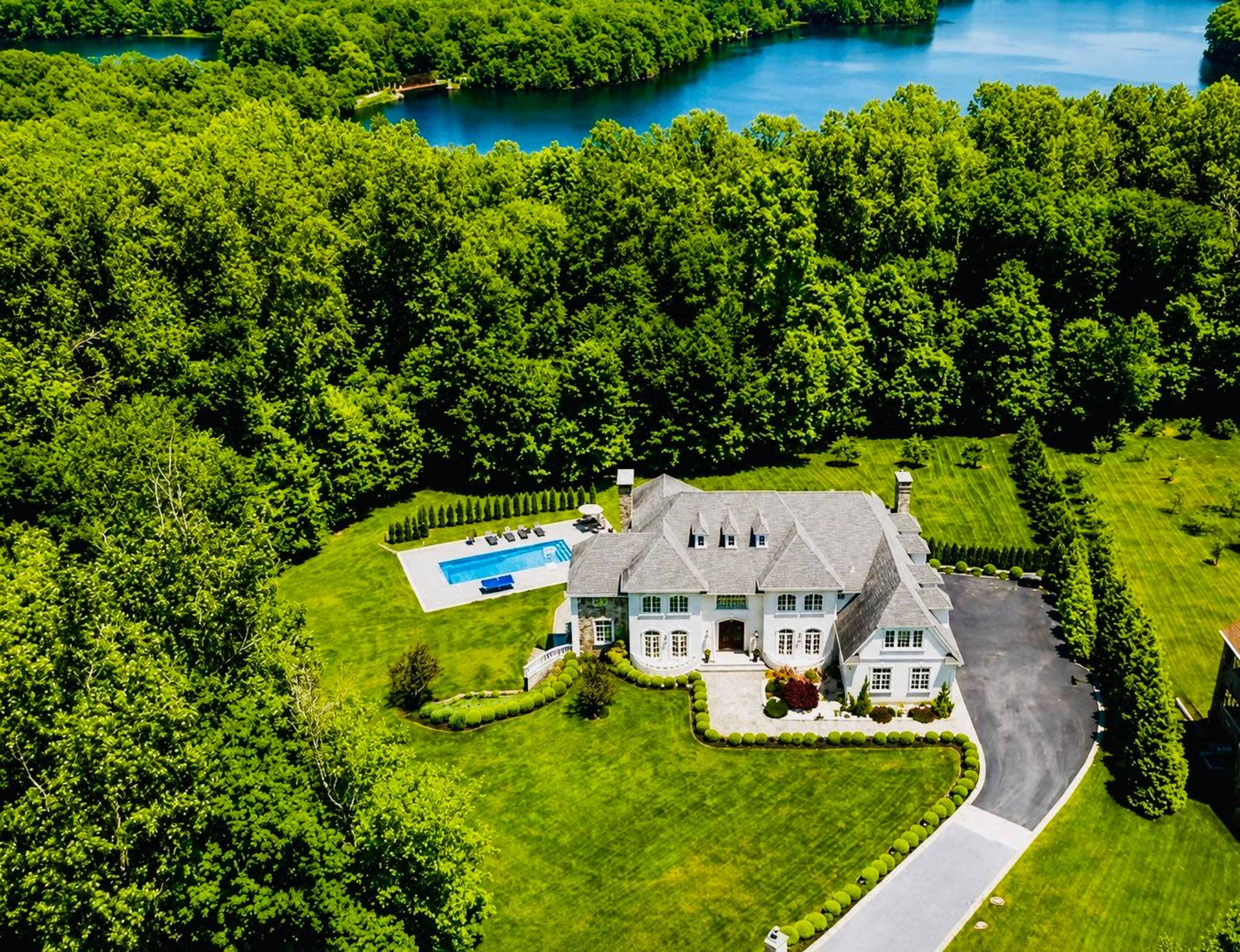 The image shows a large, modern house with a swimming pool and landscaped gardens, situated near a body of water surrounded by dense trees.