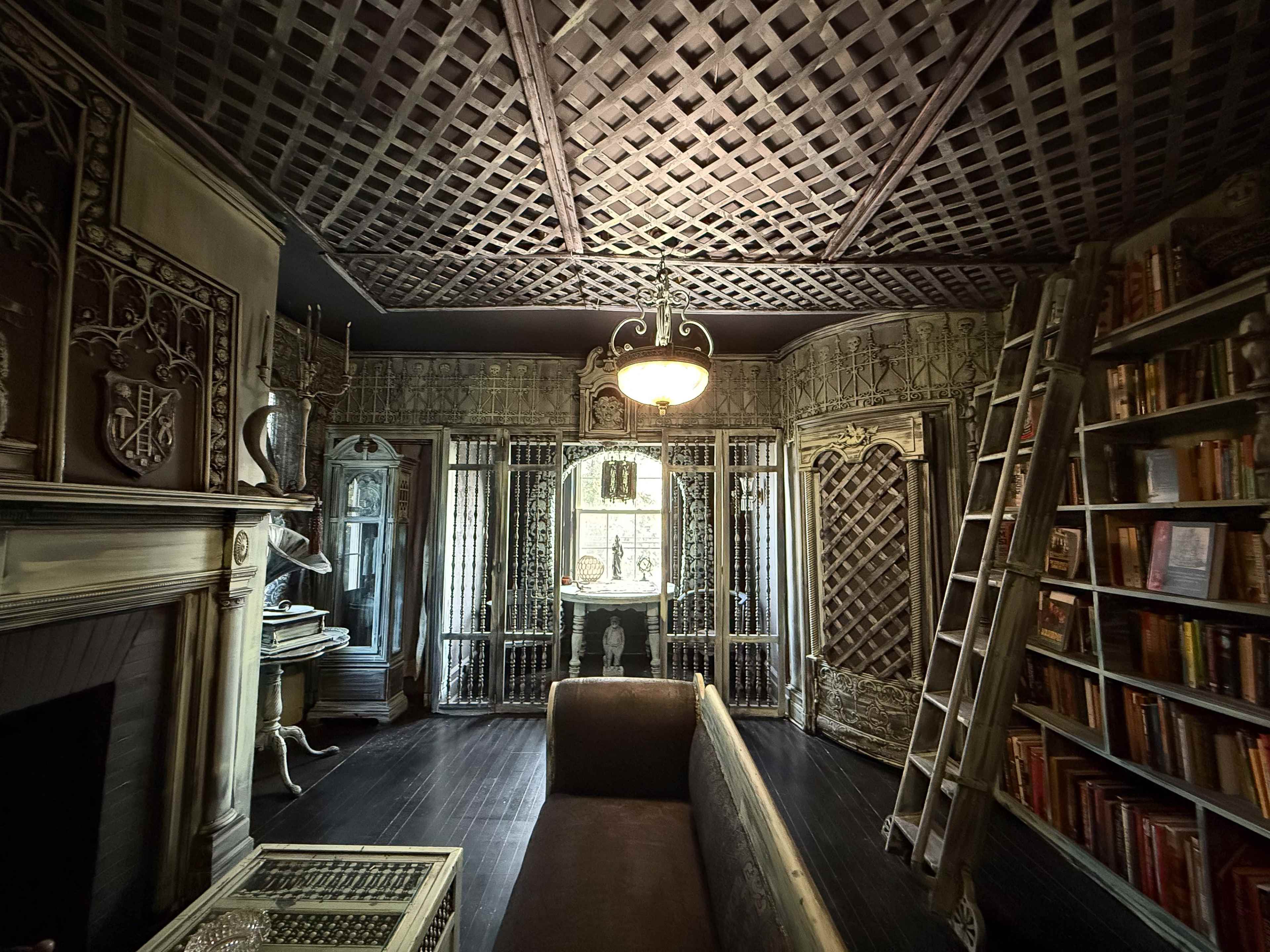 The image shows an ornate room with intricate wood paneling, a chandelier, a ladder against a bookshelf, and large mirrors reflecting the architectural details.