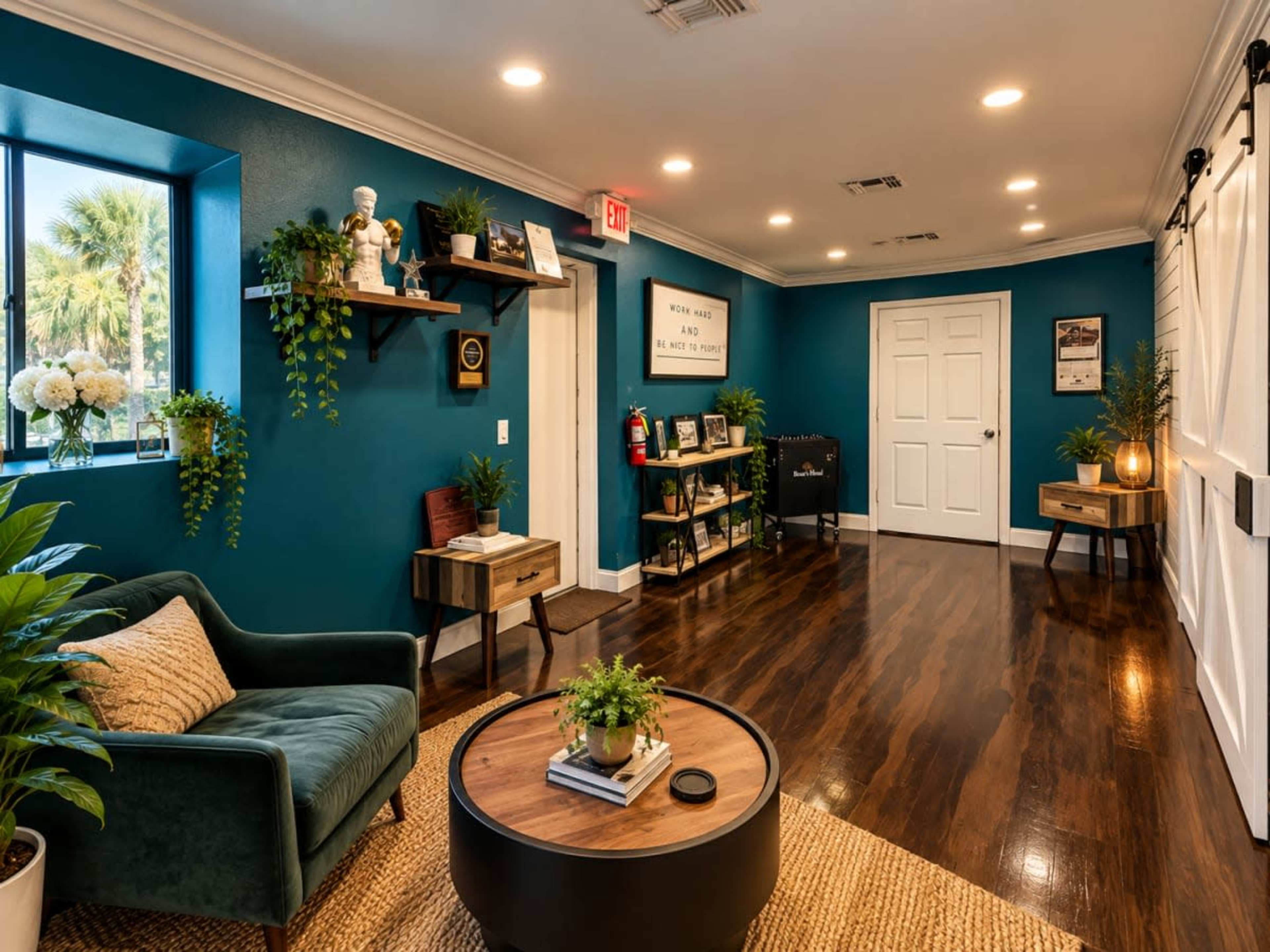 The image shows a cozy waiting room with teal walls, hardwood floors, and various plants, featuring seating, shelves, and decorative elements.