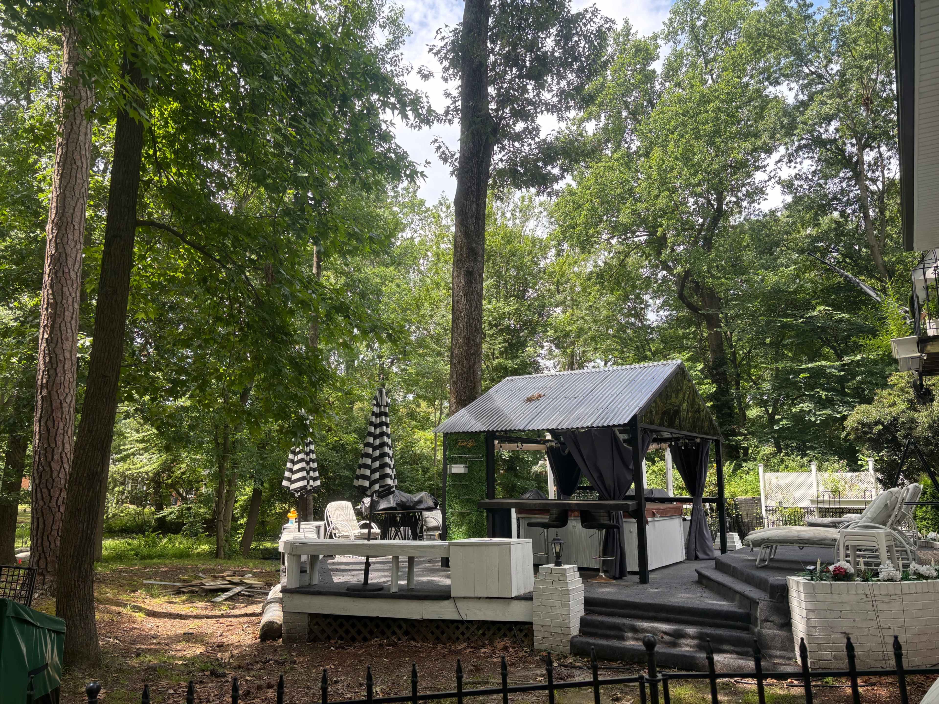 A backyard features a covered patio with furniture, surrounded by tall trees and a grassy area.