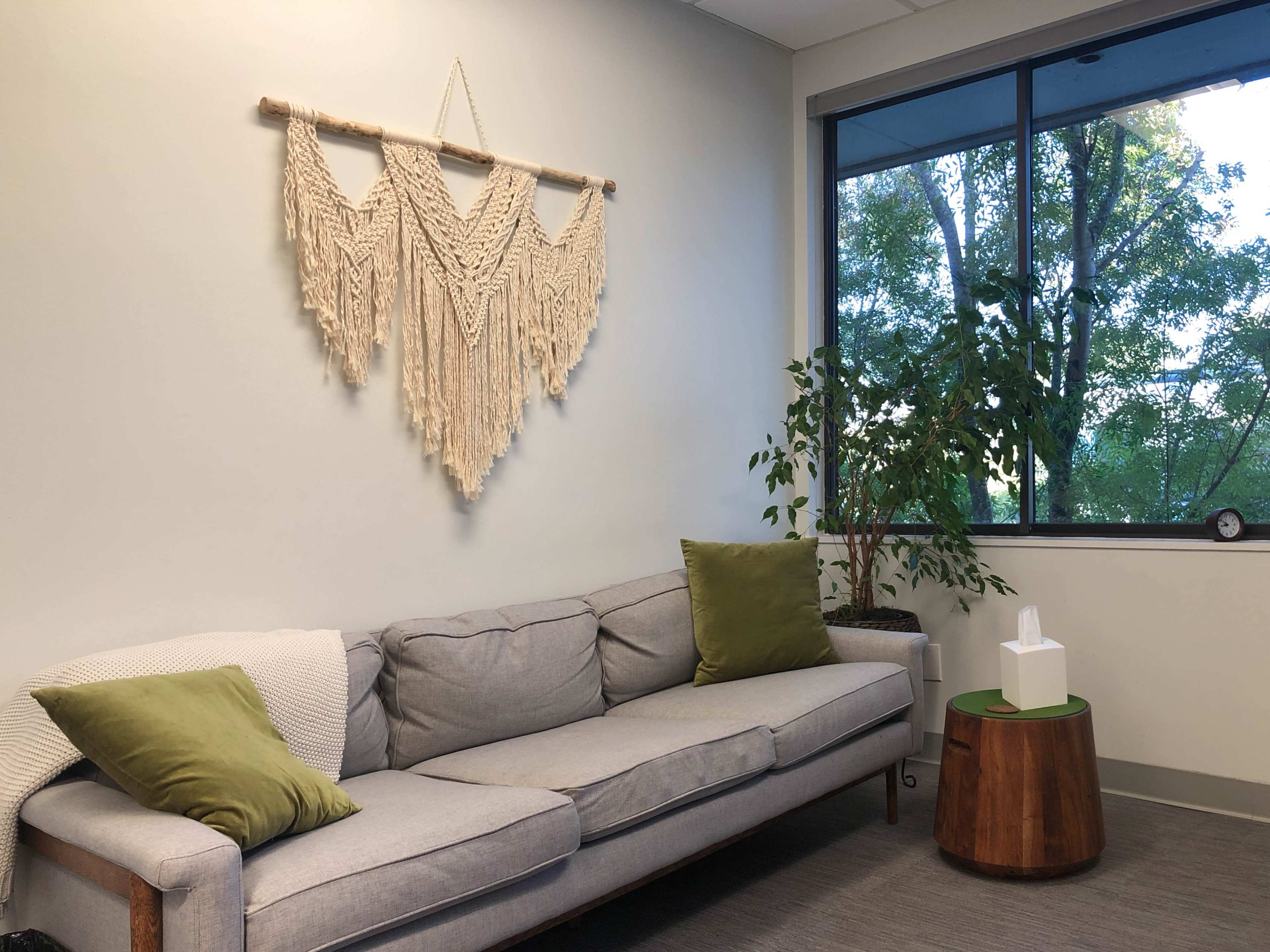 A living room corner with a gray sofa, two green pillows, a macramé wall hanging, a potted plant, and a wooden side table.